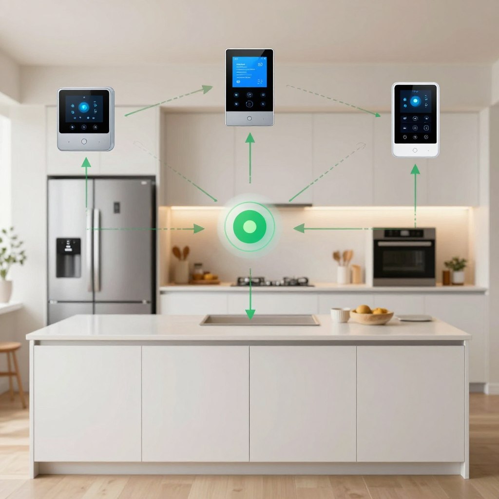 A detailed smart home integration ecosystem diagram showcasing the concept of smart kitchen cabinets seamlessly integrated into a whole-home network. In the foreground, illustrated smart cabinets with sleek, modern design, equipped with smart sensors and touch panels. The middle ground shows connected devices like smart refrigerators, ovens, and lighting systems, all linked by a central hub symbolizing home automation. In the background, faint outlines of a cozy kitchen environment with warm lighting that reflects a homely atmosphere. The diagram should feature a clean layout with arrows indicating communication paths between devices, emphasizing connectivity and functionality. Use a balanced color palette of soft whites, warm greys, and touches of green for a fresh, tech-savvy vibe. The overall mood should be efficient yet inviting, embodying a blend of technology and home comfort. A detailed smart home integration ecosystem diagram showcasing the concept of smart kitchen cabinets seamlessly integrated into a whole-home network. In the foreground, illustrated smart cabinets with sleek, modern design, equipped with smart sensors and touch panels. The middle ground shows connected devices like smart refrigerators, ovens, and lighting systems, all linked by a central hub symbolizing home automation. In the background, faint outlines of a cozy kitchen environment with warm lighting that reflects a homely atmosphere. The diagram should feature a clean layout with arrows indicating communication paths between devices, emphasizing connectivity and functionality. Use a balanced color palette of soft whites, warm greys, and touches of green for a fresh, tech-savvy vibe. The overall mood should be efficient yet inviting, embodying a blend of technology and home comfort.