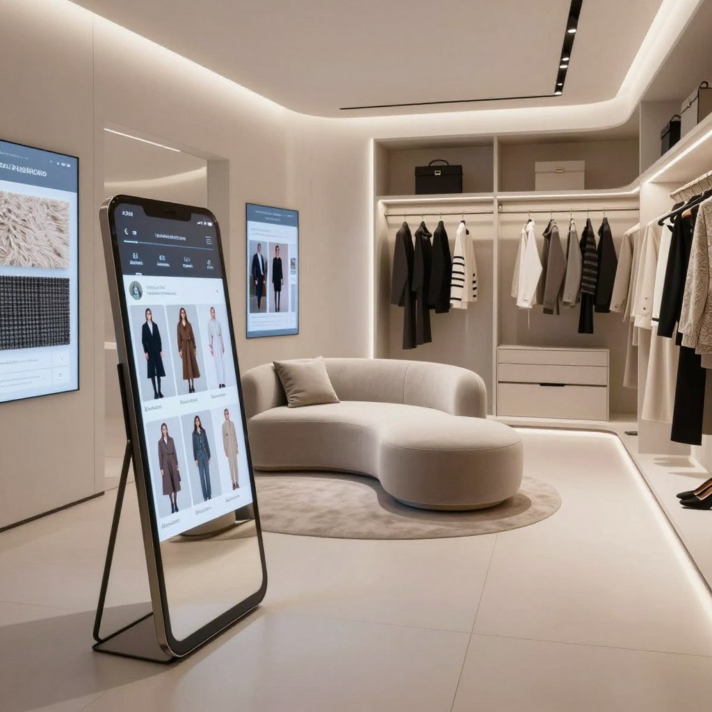 A futuristic dressing room seamlessly blending cutting-edge technology with luxury design. In the foreground, a sleek digital mirror displays outfit options and personalized styling suggestions, while interactive touchscreens line the walls showcasing fabric samples and virtual try-ons. The middle ground features a plush seating area with a modern, minimalist design, surrounded by smart lighting that softly illuminates the space. In the background, a high-tech wardrobe opens with a gentle touch, revealing organized compartments with stylish garments. The atmosphere is sophisticated and inviting, with a warm color palette of soft whites and elegant grays. Capture this scene with soft diffused lighting, using a slightly elevated angle to provide a comprehensive view of the innovative space. The overall mood is one of elegance and technological advancement, perfect for fashion enthusiasts. A futuristic dressing room seamlessly blending cutting-edge technology with luxury design. In the foreground, a sleek digital mirror displays outfit options and personalized styling suggestions, while interactive touchscreens line the walls showcasing fabric samples and virtual try-ons. The middle ground features a plush seating area with a modern, minimalist design, surrounded by smart lighting that softly illuminates the space. In the background, a high-tech wardrobe opens with a gentle touch, revealing organized compartments with stylish garments. The atmosphere is sophisticated and inviting, with a warm color palette of soft whites and elegant grays. Capture this scene with soft diffused lighting, using a slightly elevated angle to provide a comprehensive view of the innovative space. The overall mood is one of elegance and technological advancement, perfect for fashion enthusiasts.