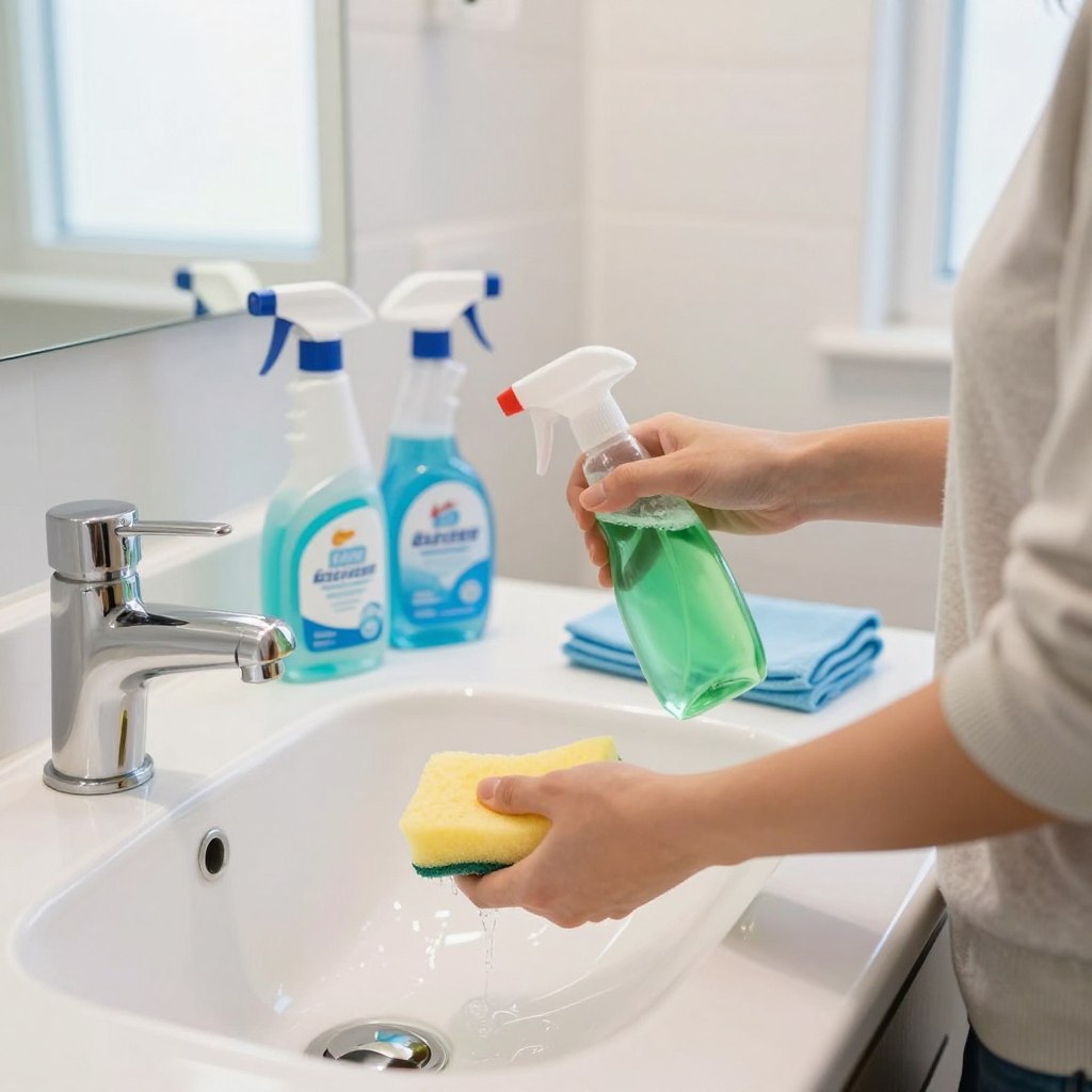 A gleaming, organized bathroom featuring a person in modest casual clothing, demonstrating effective cleaning techniques. In the foreground, a person is scrubbing a sparkling white sink with a sponge and a green cleaning solution, showcasing focused determination. The middle ground reveals a neatly arranged bathroom countertop with various cleaning supplies, including disinfectant wipes, a spray bottle, and a microfiber cloth. In the background, a well-lit mirror reflects bright, natural light filtering through a window, enhancing the fresh and sterile atmosphere. The colors are bright and cheerful, conveying a sense of cleanliness and calm. The image captures the idea of maintaining a germ-free space through efficient methods, inspiring confidence and motivation to keep the bathroom pristine. A gleaming, organized bathroom featuring a person in modest casual clothing, demonstrating effective cleaning techniques. In the foreground, a person is scrubbing a sparkling white sink with a sponge and a green cleaning solution, showcasing focused determination. The middle ground reveals a neatly arranged bathroom countertop with various cleaning supplies, including disinfectant wipes, a spray bottle, and a microfiber cloth. In the background, a well-lit mirror reflects bright, natural light filtering through a window, enhancing the fresh and sterile atmosphere. The colors are bright and cheerful, conveying a sense of cleanliness and calm. The image captures the idea of maintaining a germ-free space through efficient methods, inspiring confidence and motivation to keep the bathroom pristine.