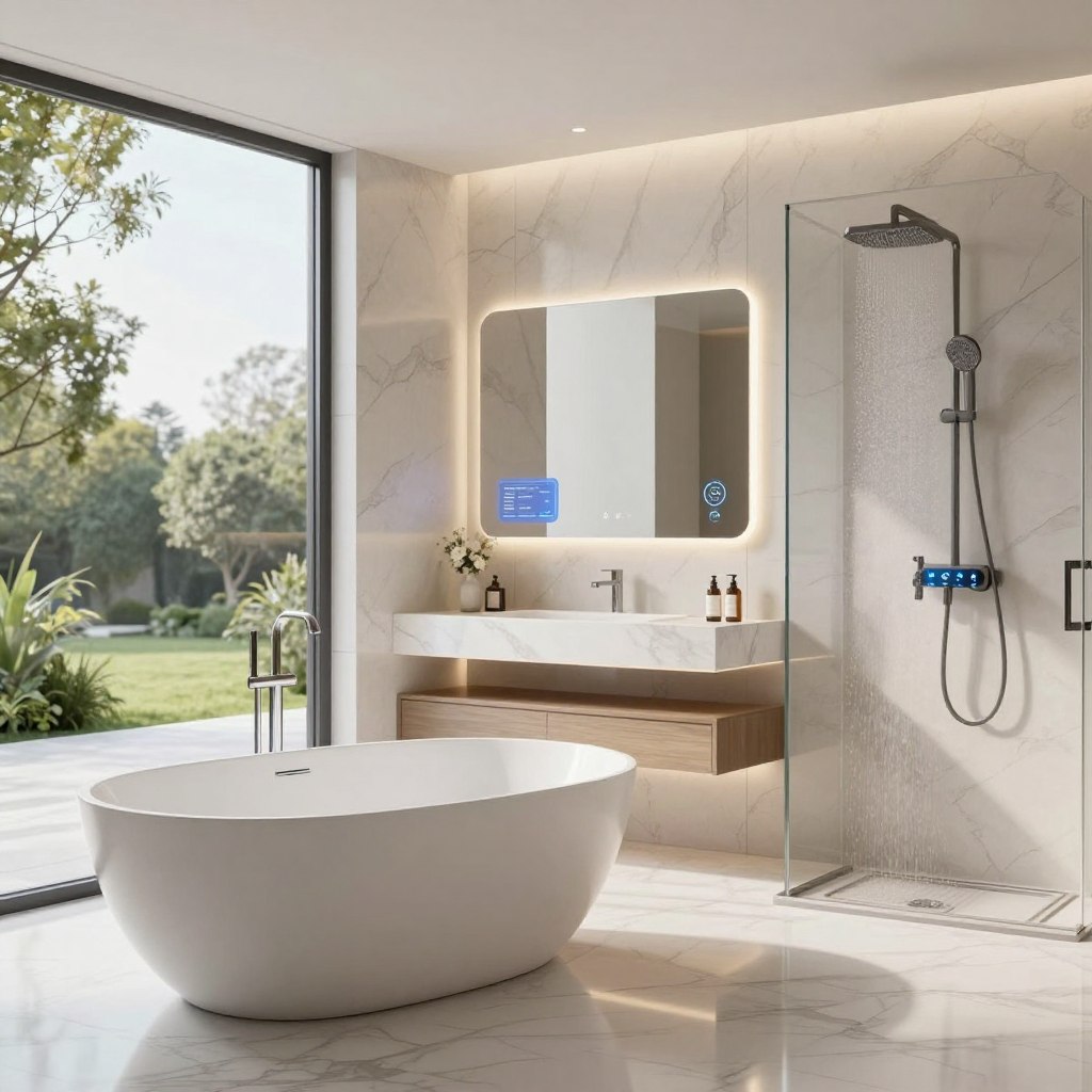 A high-tech luxury bathroom showcasing smart automation features. In the foreground, a sleek, modern freestanding bathtub with integrated touch controls sits elegantly on polished marble flooring. The middle section features a futuristic vanity with a digital mirror displaying customizable lighting options and health data. Advanced smart shower technology is visible, with a rain showerhead and LED-lit water controls. The background features large, floor-to-ceiling windows giving a view of a serene garden, while soft natural light floods the space, accentuating the high-end finishes. The atmosphere is tranquil and opulent, with an emphasis on cleanliness and modern sophistication, captured from a wide-angle perspective to encompass the expansive layout and luxurious materials used throughout the design. A high-tech luxury bathroom showcasing smart automation features. In the foreground, a sleek, modern freestanding bathtub with integrated touch controls sits elegantly on polished marble flooring. The middle section features a futuristic vanity with a digital mirror displaying customizable lighting options and health data. Advanced smart shower technology is visible, with a rain showerhead and LED-lit water controls. The background features large, floor-to-ceiling windows giving a view of a serene garden, while soft natural light floods the space, accentuating the high-end finishes. The atmosphere is tranquil and opulent, with an emphasis on cleanliness and modern sophistication, captured from a wide-angle perspective to encompass the expansive layout and luxurious materials used throughout the design.