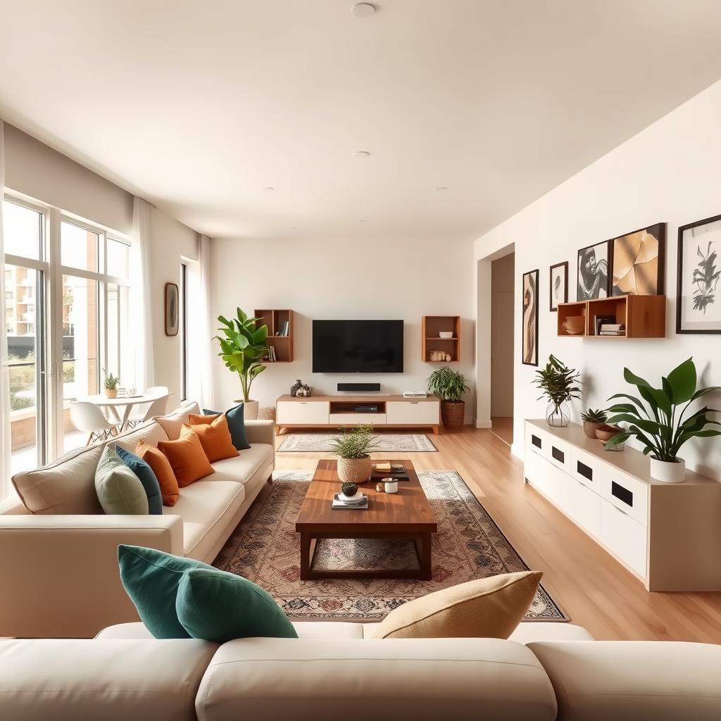 A long and narrow living room layout, showcasing a refined and inviting interior design. In the foreground, a comfortable sectional sofa with soft, neutral upholstery, adorned with colorful accent pillows. A stylish coffee table made of wood sits centrally, surrounded by decorative plants. The middle section features a flat-screen TV mounted against a light-colored wall, complemented by sleek shelving with curated decor items. To the left, a small dining area with a round table and modern chairs, illuminated by natural light streaming through large windows. In the background, a tasteful rug anchors the space, while artful wall decorations enhance the ambiance. The overall atmosphere is warm and cozy, with gentle, diffused lighting creating a welcoming environment. The image is captured from a slightly elevated angle to emphasize the spaciousness.