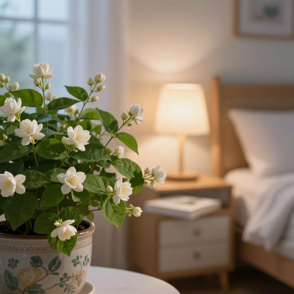 A lush jasmine plant in a decorative pot, overflowing with delicate white blossoms against a serene, softly illuminated bedroom setting. In the foreground, the jasmine's vibrant green leaves catch gentle morning light, emphasizing their healthy sheen. The middle of the image features a cozy bedside table adorned with a book and a softly glowing lamp that casts warm light, enhancing the tranquil atmosphere. In the background, a softly blurred window reveals a hint of twilight, further promoting a calming mood. The scene should evoke feelings of peace and relaxation, perfect for illustrating the soothing qualities of jasmine for better sleep. The overall composition should maintain a soft focus, with a warm color palette to create an inviting and serene environment. A lush jasmine plant in a decorative pot, overflowing with delicate white blossoms against a serene, softly illuminated bedroom setting. In the foreground, the jasmine's vibrant green leaves catch gentle morning light, emphasizing their healthy sheen. The middle of the image features a cozy bedside table adorned with a book and a softly glowing lamp that casts warm light, enhancing the tranquil atmosphere. In the background, a softly blurred window reveals a hint of twilight, further promoting a calming mood. The scene should evoke feelings of peace and relaxation, perfect for illustrating the soothing qualities of jasmine for better sleep. The overall composition should maintain a soft focus, with a warm color palette to create an inviting and serene environment.