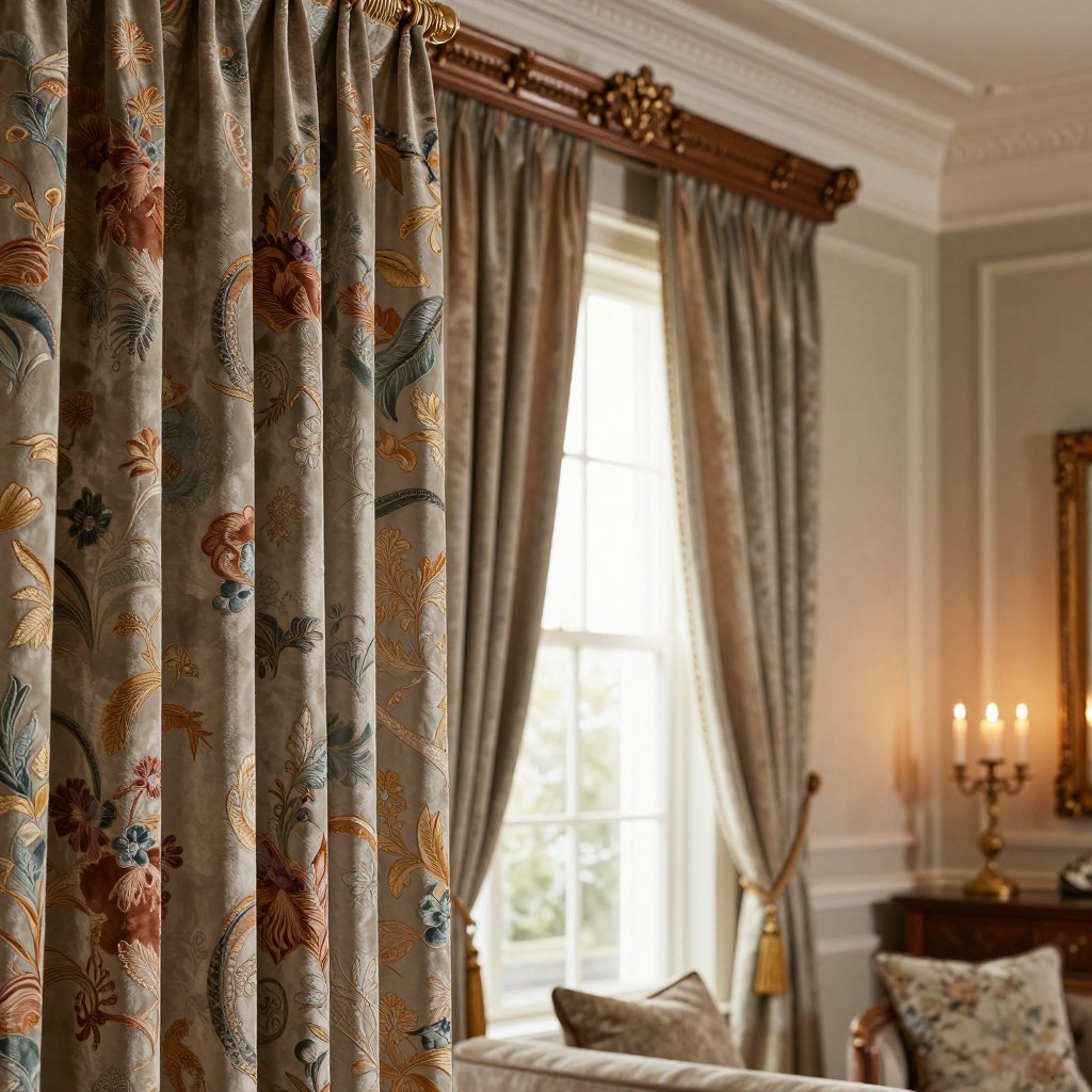A luxurious and elegantly styled living room featuring exquisite window treatments. In the foreground, sumptuous fabrics like silk and velvet showcase intricate patterns and rich colors, draping elegantly from an ornate curtain rod. The middle ground reveals a beautifully crafted wooden window frame adorned with elegant cornices and detailed trim work, while a softly diffused candlelight illuminates the scene, creating a warm and inviting atmosphere. In the background, a tastefully decorated wall complements the window treatments, with soft neutral tones and subtle textures adding depth. Use a shallow depth of field to focus on the craftsmanship of the window decor accessories, capturing the details of the luxurious materials and expert craftsmanship. The mood is one of refined sophistication and comfort, ideal for an upscale living space. A luxurious and elegantly styled living room featuring exquisite window treatments. In the foreground, sumptuous fabrics like silk and velvet showcase intricate patterns and rich colors, draping elegantly from an ornate curtain rod. The middle ground reveals a beautifully crafted wooden window frame adorned with elegant cornices and detailed trim work, while a softly diffused candlelight illuminates the scene, creating a warm and inviting atmosphere. In the background, a tastefully decorated wall complements the window treatments, with soft neutral tones and subtle textures adding depth. Use a shallow depth of field to focus on the craftsmanship of the window decor accessories, capturing the details of the luxurious materials and expert craftsmanship. The mood is one of refined sophistication and comfort, ideal for an upscale living space.