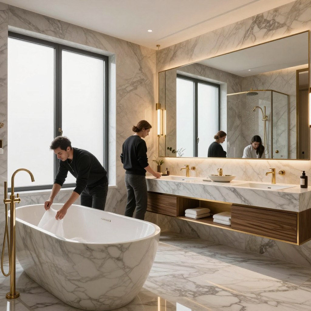 A luxurious bathroom design in progress, featuring elegant fixtures and materials. In the foreground, skilled professionals of various backgrounds, dressed in smart casual attire, carefully install a stylish marble bathtub and modern sink. The middle ground showcases an exquisite vanity area, with brushed gold accents and ambient lighting. Soft natural light filters in through large frosted windows, illuminating the space and highlighting the textures of high-end materials like polished stone and sleek wood. In the background, a stunning shower area with rain shower head and glass enclosure adds to the opulence. The overall atmosphere is one of sophistication and tranquility, inviting viewers to imagine the serenity of a luxury retreat. Commanding angles emphasize the space and deliberate craftsmanship without any text or distractions. A luxurious bathroom design in progress, featuring elegant fixtures and materials. In the foreground, skilled professionals of various backgrounds, dressed in smart casual attire, carefully install a stylish marble bathtub and modern sink. The middle ground showcases an exquisite vanity area, with brushed gold accents and ambient lighting. Soft natural light filters in through large frosted windows, illuminating the space and highlighting the textures of high-end materials like polished stone and sleek wood. In the background, a stunning shower area with rain shower head and glass enclosure adds to the opulence. The overall atmosphere is one of sophistication and tranquility, inviting viewers to imagine the serenity of a luxury retreat. Commanding angles emphasize the space and deliberate craftsmanship without any text or distractions.