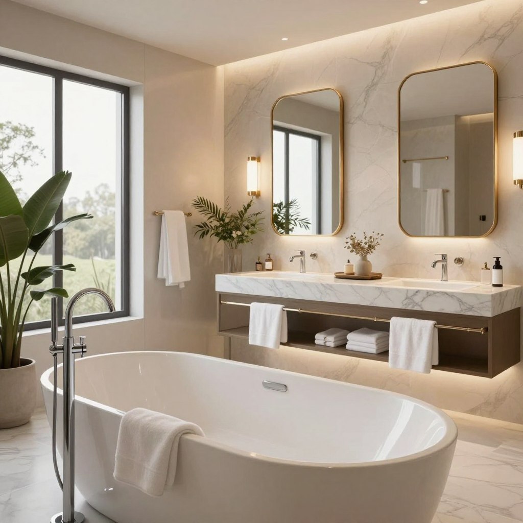 A luxurious bathroom sanctuary featuring elegant fixtures that evoke a spa-like atmosphere. In the foreground, showcase a freestanding soaking tub with sleek lines and a polished chrome faucet, surrounded by soft, fluffy towels and natural decor elements such as potted plants. The middle ground displays a stylish double vanity with exquisite marble countertops, under soft, ambient lighting that creates a warm and inviting glow. Include stylish mirrors framed in gold, reflecting the serene environment. In the background, large windows allow natural light to filter in, highlighting a peaceful view of nature. Incorporate soft, neutral tones throughout the space, enhancing a sense of tranquility and luxury. Capture the scene with a wide-angle lens at a slightly elevated angle to convey the spaciousness and elegance of this retreat. A luxurious bathroom sanctuary featuring elegant fixtures that evoke a spa-like atmosphere. In the foreground, showcase a freestanding soaking tub with sleek lines and a polished chrome faucet, surrounded by soft, fluffy towels and natural decor elements such as potted plants. The middle ground displays a stylish double vanity with exquisite marble countertops, under soft, ambient lighting that creates a warm and inviting glow. Include stylish mirrors framed in gold, reflecting the serene environment. In the background, large windows allow natural light to filter in, highlighting a peaceful view of nature. Incorporate soft, neutral tones throughout the space, enhancing a sense of tranquility and luxury. Capture the scene with a wide-angle lens at a slightly elevated angle to convey the spaciousness and elegance of this retreat.