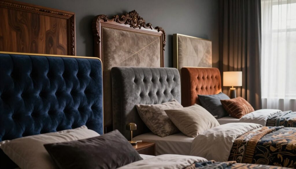 A luxurious bedroom featuring an array of statement headboard designs, each showcasing unique styles such as tufted velvet, intricate wood carvings, and modern geometric shapes. In the foreground, focus on a plush tufted headboard in deep navy, adorned with gold accents, alongside a sleek wooden headboard with artistic detailing. The middle ground reveals a mix of upholstered options with rich textures and bold patterns. The background softly fades into a warm, ambient light filtering through sheer curtains, casting a gentle glow that enhances the sophisticated and moody aesthetic. The angle captures the inviting atmosphere of the room, emphasizing depth and coziness. Overall, the scene conveys a refined elegance perfect for creating a dramatic bedroom focal point. A luxurious bedroom featuring an array of statement headboard designs, each showcasing unique styles such as tufted velvet, intricate wood carvings, and modern geometric shapes. In the foreground, focus on a plush tufted headboard in deep navy, adorned with gold accents, alongside a sleek wooden headboard with artistic detailing. The middle ground reveals a mix of upholstered options with rich textures and bold patterns. The background softly fades into a warm, ambient light filtering through sheer curtains, casting a gentle glow that enhances the sophisticated and moody aesthetic. The angle captures the inviting atmosphere of the room, emphasizing depth and coziness. Overall, the scene conveys a refined elegance perfect for creating a dramatic bedroom focal point.