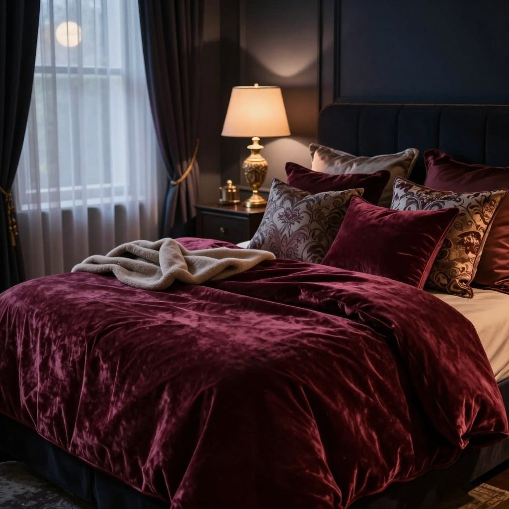 A luxurious bedroom filled with rich, layered textiles creating an inviting and romantic atmosphere. In the foreground, a plush velvet duvet in deep burgundy drapes elegantly across a sumptuous king-sized bed, adorned with a mix of patterned silk and velvet throw pillows. In the middle ground, a soft cashmere throw blanket is artfully arranged, enhancing the cozy aesthetic. The bedside table features a delicately designed lamp casting a warm, ambient glow. In the background, softly lit windows with sheer curtains allow faint moonlight to filter in, illuminating the room with a dreamy quality. The room's walls are painted in deep shades of navy, adding to the moody elegance. The overall composition should evoke feelings of warmth, comfort, and sophistication, captured from a slightly elevated angle with a shallow depth of field to focus on the textures.