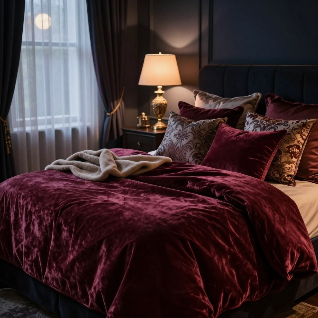A luxurious bedroom filled with rich, layered textiles creating an inviting and romantic atmosphere. In the foreground, a plush velvet duvet in deep burgundy drapes elegantly across a sumptuous king-sized bed, adorned with a mix of patterned silk and velvet throw pillows. In the middle ground, a soft cashmere throw blanket is artfully arranged, enhancing the cozy aesthetic. The bedside table features a delicately designed lamp casting a warm, ambient glow. In the background, softly lit windows with sheer curtains allow faint moonlight to filter in, illuminating the room with a dreamy quality. The room's walls are painted in deep shades of navy, adding to the moody elegance. The overall composition should evoke feelings of warmth, comfort, and sophistication, captured from a slightly elevated angle with a shallow depth of field to focus on the textures. A luxurious bedroom filled with rich, layered textiles creating an inviting and romantic atmosphere. In the foreground, a plush velvet duvet in deep burgundy drapes elegantly across a sumptuous king-sized bed, adorned with a mix of patterned silk and velvet throw pillows. In the middle ground, a soft cashmere throw blanket is artfully arranged, enhancing the cozy aesthetic. The bedside table features a delicately designed lamp casting a warm, ambient glow. In the background, softly lit windows with sheer curtains allow faint moonlight to filter in, illuminating the room with a dreamy quality. The room's walls are painted in deep shades of navy, adding to the moody elegance. The overall composition should evoke feelings of warmth, comfort, and sophistication, captured from a slightly elevated angle with a shallow depth of field to focus on the textures.