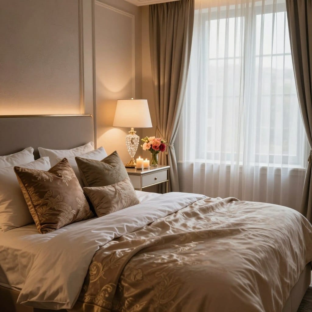 A luxurious bedroom scene featuring elegant accessories that evoke the essence of a high-end hotel suite. Foreground: a plush, king-sized bed adorned with several plush, decorative pillows in rich textures and colors, with a lavish silk duvet draped loosely. Middle: a stylish nightstand on either side, embellished with tastefully arranged scented candles, a crystal lamp, and a small vase of fresh, vibrant flowers. Background: a tastefully designed accent wall with soft, ambient lighting that casts a warm glow, and large windows showcasing soft, sheer curtains fluttering slightly. The mood is serene and inviting, embodying comfort and sophistication. The camera angle is slightly elevated, offering a comprehensive view of the entire room. The scene should exude tranquility and luxury, reminiscent of a five-star retreat.