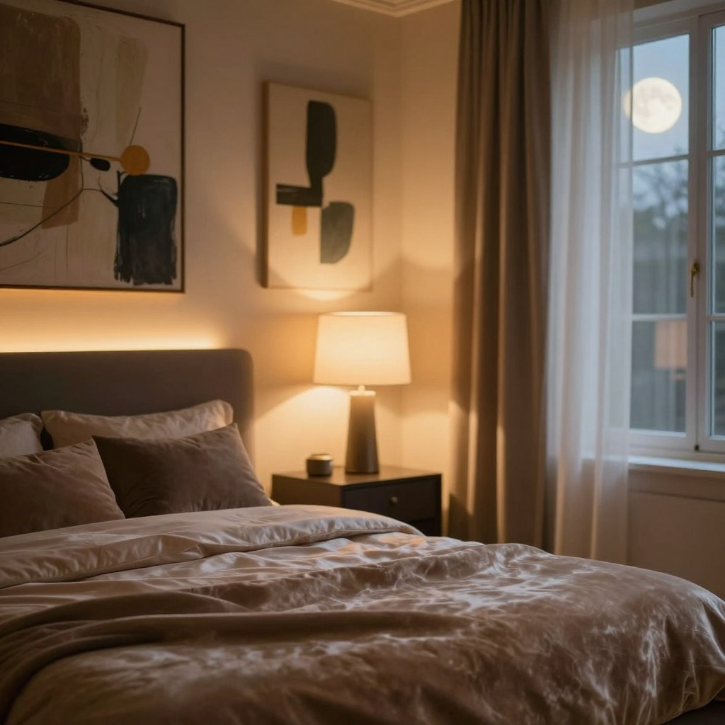 A luxurious bedroom scene showcasing accent lighting that highlights artistic elements and textures. In the foreground, a plush velvet bed adorned with softly draped satin throws. The middle ground features abstract art pieces on the walls, illuminated with warm LED lights to enhance their colors and textures. A stylish bedside table with a modern lamp casting a gentle glow creates an inviting ambiance. The background reveals a soft-focus window with sheer curtains, allowing for ambient moonlight to blend with the accent lighting, adding depth. Use a warm color palette to evoke a romantic and moody atmosphere. Capture the scene using a shallow depth of field, giving emphasis to the expertly placed lighting while keeping the overall softness and elegance intact. A luxurious bedroom scene showcasing accent lighting that highlights artistic elements and textures. In the foreground, a plush velvet bed adorned with softly draped satin throws. The middle ground features abstract art pieces on the walls, illuminated with warm LED lights to enhance their colors and textures. A stylish bedside table with a modern lamp casting a gentle glow creates an inviting ambiance. The background reveals a soft-focus window with sheer curtains, allowing for ambient moonlight to blend with the accent lighting, adding depth. Use a warm color palette to evoke a romantic and moody atmosphere. Capture the scene using a shallow depth of field, giving emphasis to the expertly placed lighting while keeping the overall softness and elegance intact.