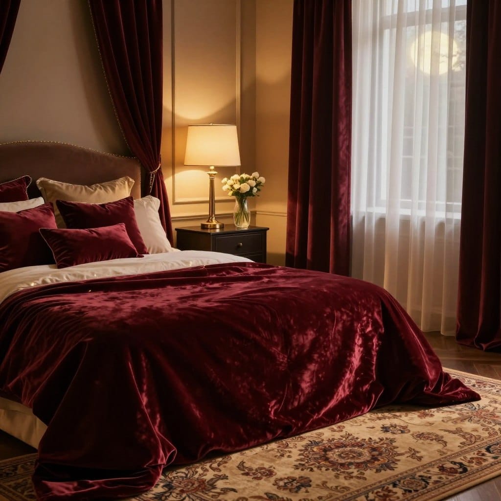 A luxurious bedroom showcasing richly textured textiles. In the foreground, a plush velvet bedspread in deep burgundy drapes elegantly over a large, stylish bed, complemented by an array of decorative pillows in satin and silk. Soft, ambient LED lights illuminate the room in a warm glow, highlighting the intricate patterns on a nearby woven rug. In the middle, a stylish nightstand with a sleek lamp features an elegant glass vase filled with delicate flowers. The background showcases soft velvet curtains framing a window with sheer drapes, filtering soft moonlight. The overall atmosphere feels cozy and romantic, inviting serenity and relaxation, accentuated by warm golden tones and deep, restful colors. The scene is captured with a slightly angled perspective, emphasizing depth and the interplay of light and shadow.