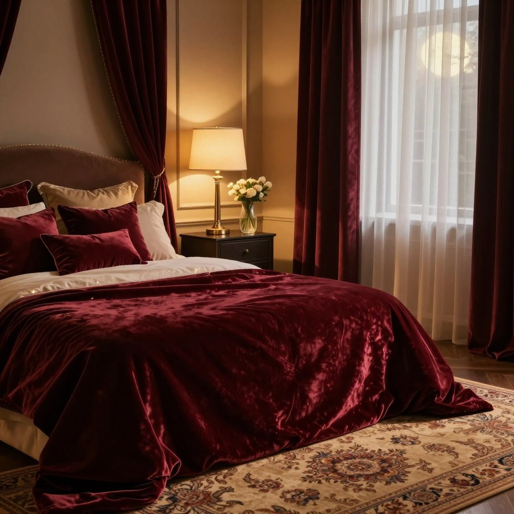 A luxurious bedroom showcasing richly textured textiles. In the foreground, a plush velvet bedspread in deep burgundy drapes elegantly over a large, stylish bed, complemented by an array of decorative pillows in satin and silk. Soft, ambient LED lights illuminate the room in a warm glow, highlighting the intricate patterns on a nearby woven rug. In the middle, a stylish nightstand with a sleek lamp features an elegant glass vase filled with delicate flowers. The background showcases soft velvet curtains framing a window with sheer drapes, filtering soft moonlight. The overall atmosphere feels cozy and romantic, inviting serenity and relaxation, accentuated by warm golden tones and deep, restful colors. The scene is captured with a slightly angled perspective, emphasizing depth and the interplay of light and shadow. A luxurious bedroom showcasing richly textured textiles. In the foreground, a plush velvet bedspread in deep burgundy drapes elegantly over a large, stylish bed, complemented by an array of decorative pillows in satin and silk. Soft, ambient LED lights illuminate the room in a warm glow, highlighting the intricate patterns on a nearby woven rug. In the middle, a stylish nightstand with a sleek lamp features an elegant glass vase filled with delicate flowers. The background showcases soft velvet curtains framing a window with sheer drapes, filtering soft moonlight. The overall atmosphere feels cozy and romantic, inviting serenity and relaxation, accentuated by warm golden tones and deep, restful colors. The scene is captured with a slightly angled perspective, emphasizing depth and the interplay of light and shadow.