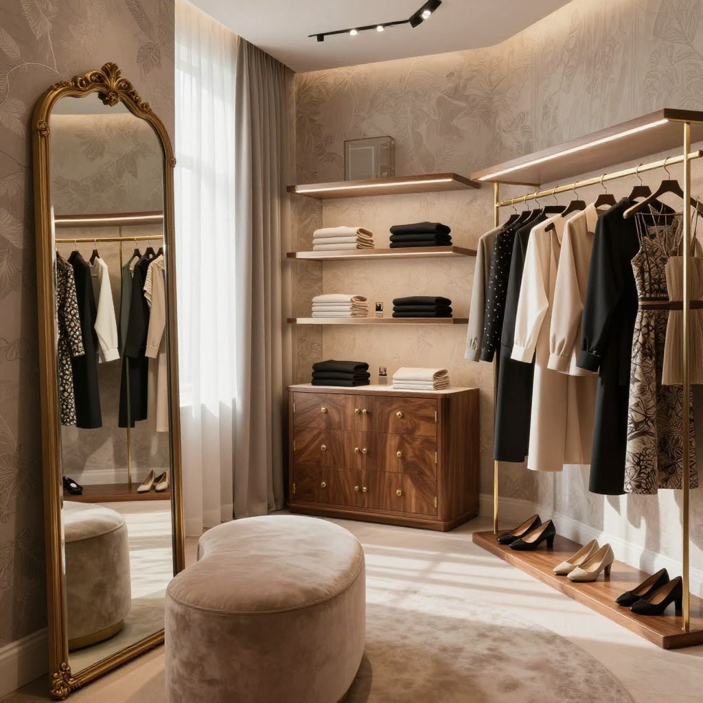A luxurious boutique dressing room designed for a modern home. In the foreground, an elegant, vintage-style full-length mirror reflects soft, ambient lighting. Plush seating upholstered in neutral tones is perfect for relaxation, surrounded by stylish clothing racks displaying chic outfits in a curated array. In the middle, a sleek, organized space features high-quality wooden cabinetry with intricate gold hardware, showcasing neatly folded accessories and shoes. The background reveals soft, textured wallpaper in muted pastels, creating a warm, inviting atmosphere. Gentle sunlight filters through sheer curtains, casting a soothing glow throughout the room. The overall mood is sophisticated and serene, echoing the feeling of a high-end retail experience blended with the comfort of home. A luxurious boutique dressing room designed for a modern home. In the foreground, an elegant, vintage-style full-length mirror reflects soft, ambient lighting. Plush seating upholstered in neutral tones is perfect for relaxation, surrounded by stylish clothing racks displaying chic outfits in a curated array. In the middle, a sleek, organized space features high-quality wooden cabinetry with intricate gold hardware, showcasing neatly folded accessories and shoes. The background reveals soft, textured wallpaper in muted pastels, creating a warm, inviting atmosphere. Gentle sunlight filters through sheer curtains, casting a soothing glow throughout the room. The overall mood is sophisticated and serene, echoing the feeling of a high-end retail experience blended with the comfort of home.