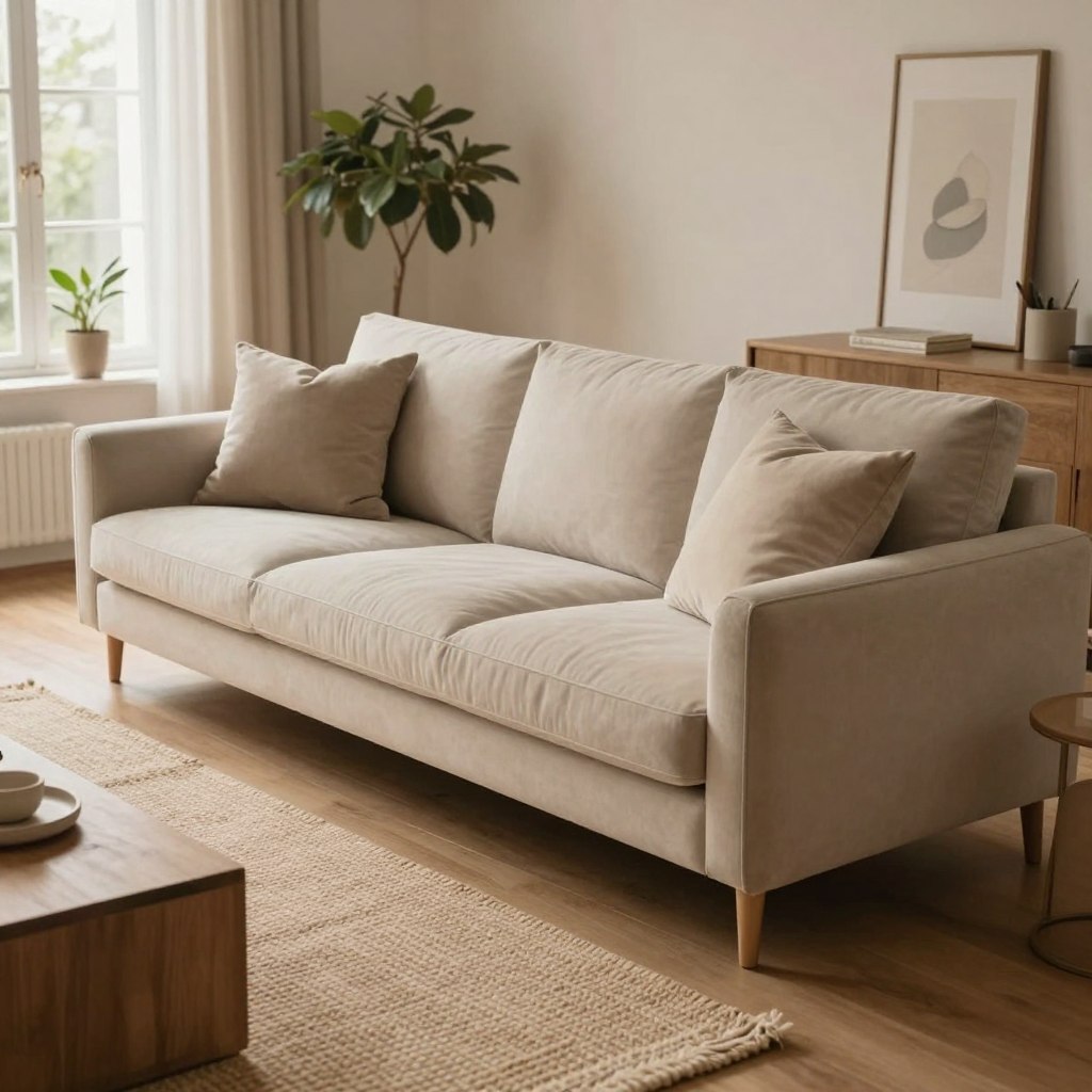 A luxurious, comfy sofa in an open concept living space, featuring soft, durable fabric in a calming, neutral tone. The sofa is adorned with plush throw pillows, creating an inviting atmosphere. In the foreground, a textured woven rug anchors the seating area. In the middle, the sofa's elegant design includes clean lines and slightly tapered legs, conveying both style and comfort. The background reveals a large window bathing the room in warm, natural light, enhancing the cozy feel. The scene captures a serene mood with plants and minimal decor items, adding a touch of sophistication. The image is taken from a slightly elevated angle, showcasing the spaciousness of the living area while highlighting the sofa as the focal point.