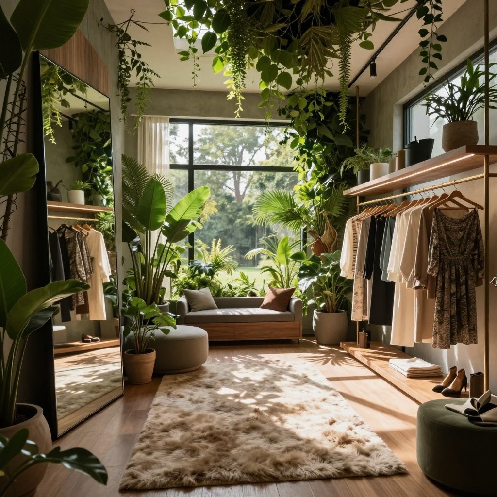 A luxurious dressing room design inspired by biophilic principles, showcasing an abundance of indoor plants, elegant wooden furnishings, and expansive windows that flood the space with natural light. In the foreground, a sleek full-length mirror reflects the lush greenery, complemented by soft textures of a plush rug and modern seating. The middle ground features an organized clothing display with stylish garments set against a backdrop of leafy vines cascading from the ceiling. In the background, luminous windows frame a serene outdoor view, enhancing the earthy color palette of greens and browns. The atmosphere exudes tranquility and sophistication, with warm, diffused sunlight creating inviting shadows throughout the space. The perspective is slightly elevated, capturing the expansive feel of the room, emphasizing its sanctuary-like qualities. A luxurious dressing room design inspired by biophilic principles, showcasing an abundance of indoor plants, elegant wooden furnishings, and expansive windows that flood the space with natural light. In the foreground, a sleek full-length mirror reflects the lush greenery, complemented by soft textures of a plush rug and modern seating. The middle ground features an organized clothing display with stylish garments set against a backdrop of leafy vines cascading from the ceiling. In the background, luminous windows frame a serene outdoor view, enhancing the earthy color palette of greens and browns. The atmosphere exudes tranquility and sophistication, with warm, diffused sunlight creating inviting shadows throughout the space. The perspective is slightly elevated, capturing the expansive feel of the room, emphasizing its sanctuary-like qualities.