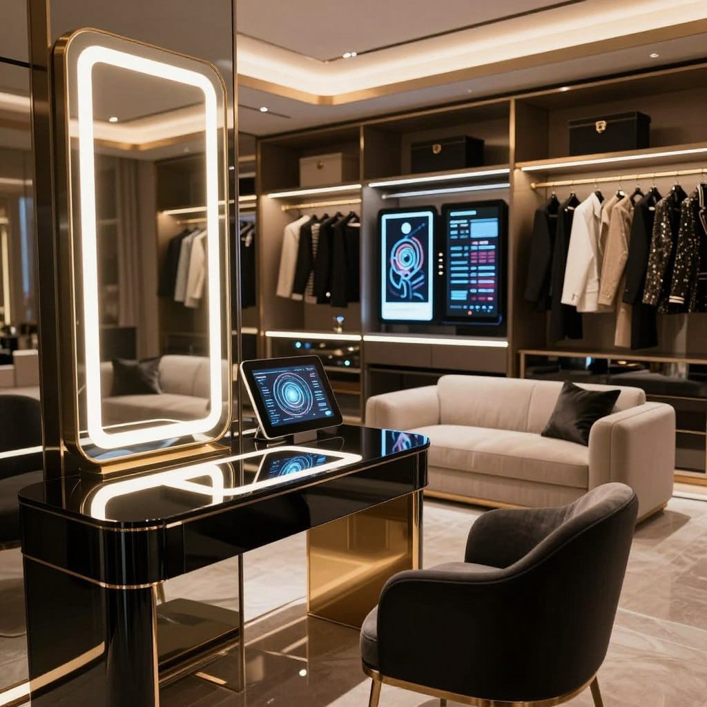 A luxurious high-tech glamour dressing room, showcasing futuristic opulence. The foreground features sleek, modern furniture with a glossy black and gold color scheme. A high-definition touchscreen mirror with integrated lighting casts a warm glow. The middle ground includes an elegant vanity with advanced LED lights and holographic displays, paired with plush seating in a minimalist style. The background displays an open wardrobe filled with fashionable clothing, enhanced by smart storage solutions. Soft, ambient lighting creates a serene atmosphere, while the use of reflective surfaces amplifies the sense of space. Capture the image from a slightly elevated angle to convey depth and sophistication, emphasizing the blend of technology and luxury.
