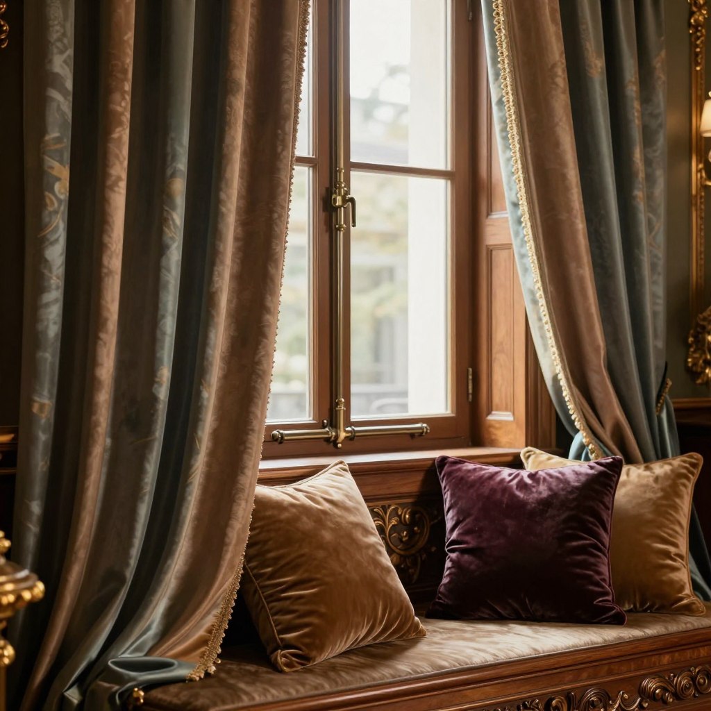 A luxurious interior setting showcasing premium window decor materials. In the foreground, sumptuous silk curtains in rich jewel tones cascade elegantly, their fabric catching soft light. Beside them, lush velvet cushions in deep hues rest against a wooden window seat, accentuated by intricate wood carvings. In the middle ground, stylish metal curtain rods add a contemporary touch, gleaming softly under warm ambient lighting. The background features a beautifully detailed window framed by ornate wood, allowing natural light to spill into the room. The atmosphere is inviting yet sophisticated, with a cozy elegance that embodies luxury. Shot with a warm soft focus, highlighting textures and layers. A luxurious interior setting showcasing premium window decor materials. In the foreground, sumptuous silk curtains in rich jewel tones cascade elegantly, their fabric catching soft light. Beside them, lush velvet cushions in deep hues rest against a wooden window seat, accentuated by intricate wood carvings. In the middle ground, stylish metal curtain rods add a contemporary touch, gleaming softly under warm ambient lighting. The background features a beautifully detailed window framed by ornate wood, allowing natural light to spill into the room. The atmosphere is inviting yet sophisticated, with a cozy elegance that embodies luxury. Shot with a warm soft focus, highlighting textures and layers.