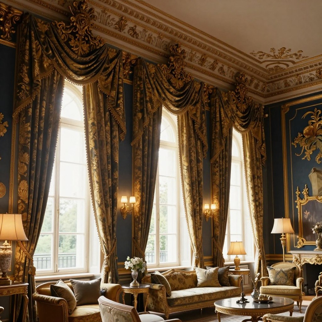 A luxurious interior showcasing elegant architectural valances and cornices adorning tall, arched windows. In the foreground, intricately designed valances in rich fabrics, featuring gold brocade patterns, elegantly cascade, while decorative cornices with floral motifs enhance the architectural beauty. The middle ground reveals a stylish living space, with plush furniture and tasteful decor harmonizing with the window treatments. Natural light pours in through the windows, creating a warm and inviting atmosphere, illuminated by soft lamp lighting. The background displays opulent wall art and a rich color palette of deep blues and golds, evoking a sense of sophistication. Capture this scene from a slightly angled perspective to emphasize the grandeur of the space and the exquisite details of the valances, with a focus on clarity and depth. A luxurious interior showcasing elegant architectural valances and cornices adorning tall, arched windows. In the foreground, intricately designed valances in rich fabrics, featuring gold brocade patterns, elegantly cascade, while decorative cornices with floral motifs enhance the architectural beauty. The middle ground reveals a stylish living space, with plush furniture and tasteful decor harmonizing with the window treatments. Natural light pours in through the windows, creating a warm and inviting atmosphere, illuminated by soft lamp lighting. The background displays opulent wall art and a rich color palette of deep blues and golds, evoking a sense of sophistication. Capture this scene from a slightly angled perspective to emphasize the grandeur of the space and the exquisite details of the valances, with a focus on clarity and depth.