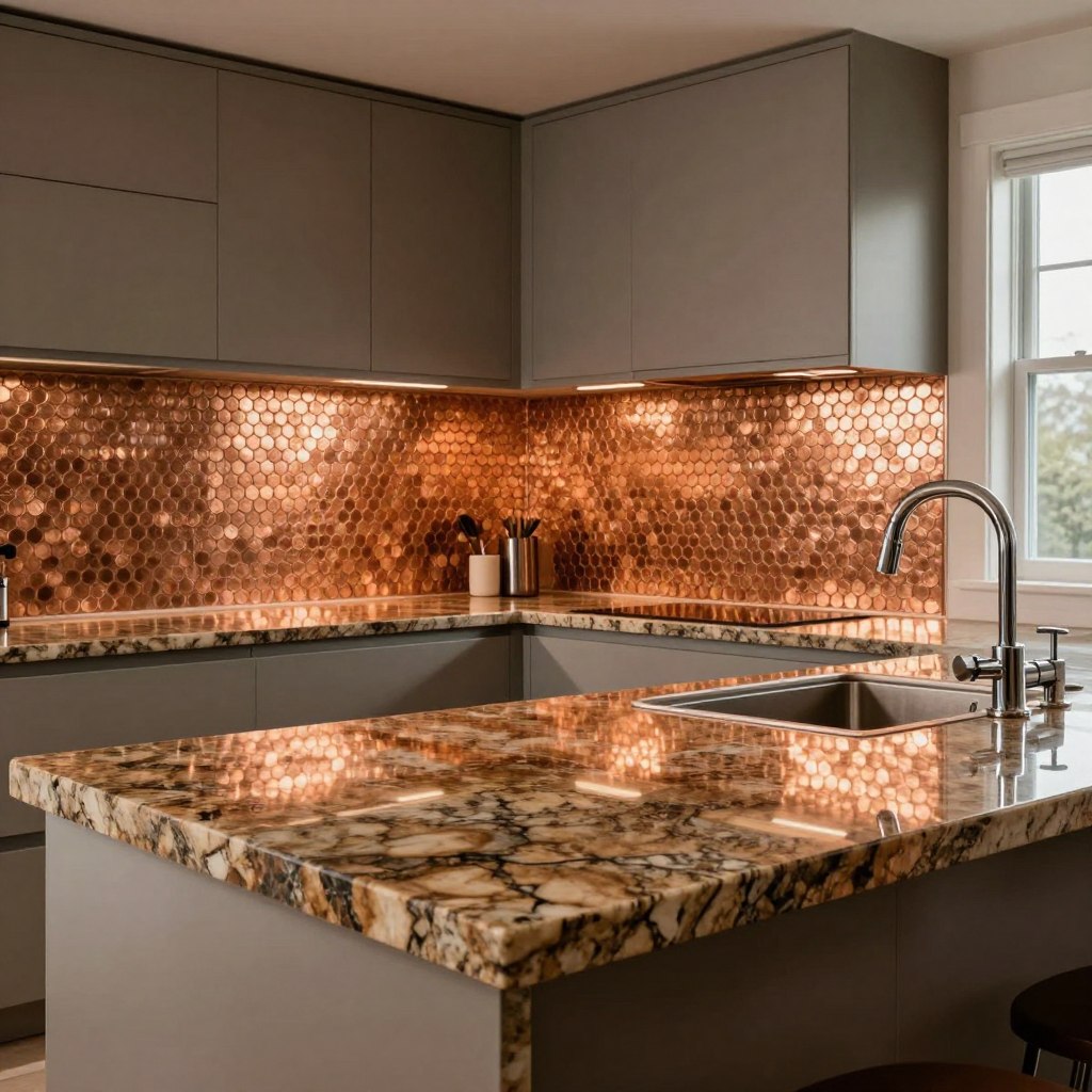 A luxurious kitchen featuring Baltic brown granite countertops, rich with deep, earthy tones and subtle veining. The striking copper penny backsplash shines brilliantly, reflecting warm hues that create a harmonious contrast with the granite. The foreground highlights the smooth, polished surface of the granite, while the backsplash showcases individual copper pennies arranged in an eye-catching mosaic pattern. Soft, ambient lighting casts gentle shadows, enhancing the textures of both the countertop and backsplash. A modern faucet gleams in chrome, adding a touch of elegance. The background consists of sleek cabinetry in a complementary finish, and a stylish window lets in natural light, further illuminating the stunning design. The overall atmosphere is one of warmth, sophistication, and contemporary luxury, ideal for a high-end culinary space. A luxurious kitchen featuring Baltic brown granite countertops, rich with deep, earthy tones and subtle veining. The striking copper penny backsplash shines brilliantly, reflecting warm hues that create a harmonious contrast with the granite. The foreground highlights the smooth, polished surface of the granite, while the backsplash showcases individual copper pennies arranged in an eye-catching mosaic pattern. Soft, ambient lighting casts gentle shadows, enhancing the textures of both the countertop and backsplash. A modern faucet gleams in chrome, adding a touch of elegance. The background consists of sleek cabinetry in a complementary finish, and a stylish window lets in natural light, further illuminating the stunning design. The overall atmosphere is one of warmth, sophistication, and contemporary luxury, ideal for a high-end culinary space.