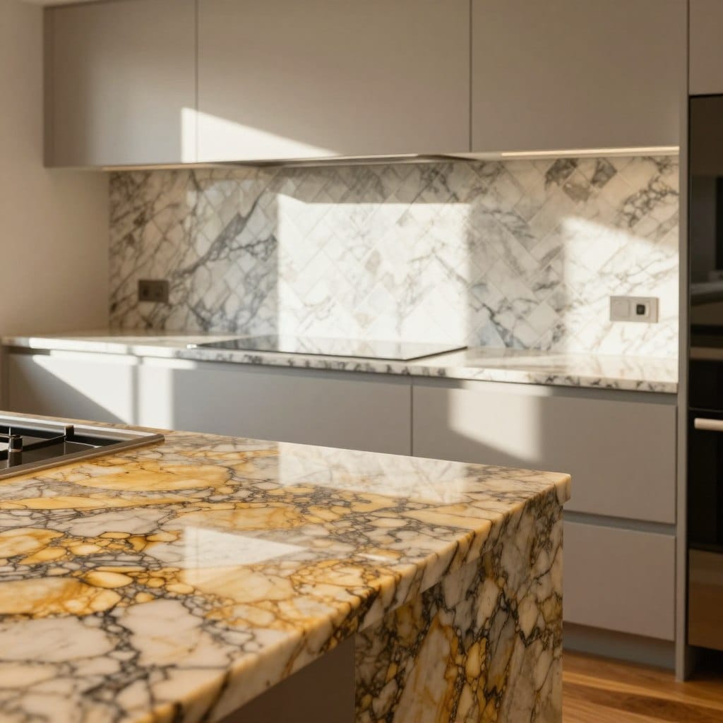 A luxurious kitchen featuring Santa Cecilia granite countertops, showcasing their warm golden and cream tones with striking dark veining. The foreground highlights the smooth, polished surface of the granite, reflecting soft, ambient light. The middle ground is dominated by a stunning herringbone marble backsplash in shades of white and gray, intricately arranged to enhance the elegance of the space. Bright, natural light streams in from a nearby window, casting gentle shadows and creating a serene atmosphere. The cabinetry is sleek and modern, complementing the overall design, while the floor shows rich, warm wood tones. The angle captures both the countertop and backsplash harmoniously, offering a refined yet inviting composition, ideal for a sophisticated kitchen setting.