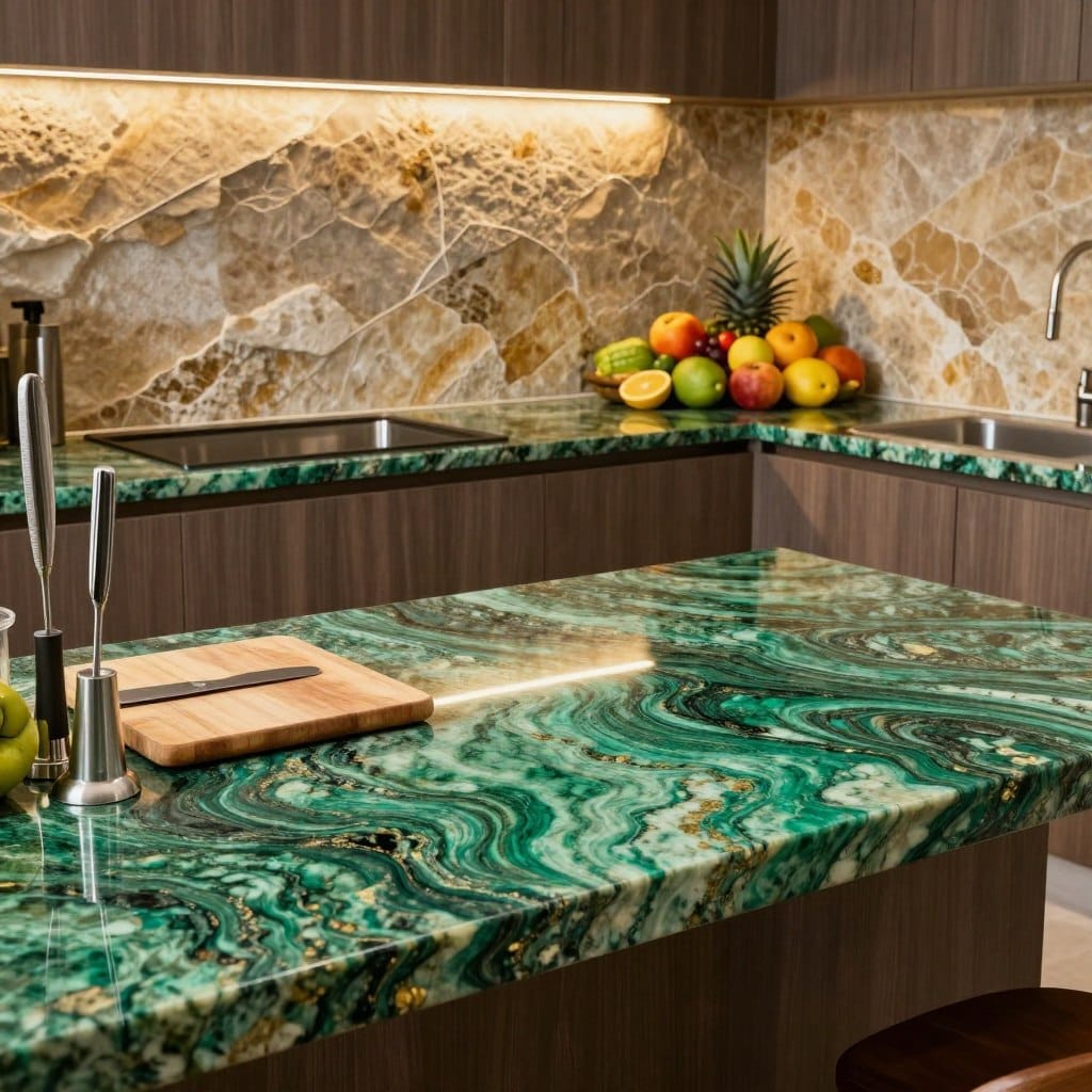 A luxurious kitchen scene featuring a stunning tropical green granite countertop that showcases rich, swirling hues of deep greens and subtle gold flecks. The countertop is complemented by a natural stone accent backsplash, which consists of textured, earthy tones of beige and soft browns, creating a harmonious contrast. In the foreground, elegant kitchen accessories, such as a sleek cutting board and high-end kitchen tools, add to the decor. The middle ground captures the counters adorned with fresh tropical fruits, enhancing the vibrant nature of the design. Soft, warm lighting illuminates the space, casting gentle shadows and creating an inviting atmosphere. The angle is slightly elevated, showcasing both the countertop and backsplash in a beautifully cohesive kitchen environment. The overall mood is modern, tropical elegance, with a focus on the luxurious materials and their natural beauty.