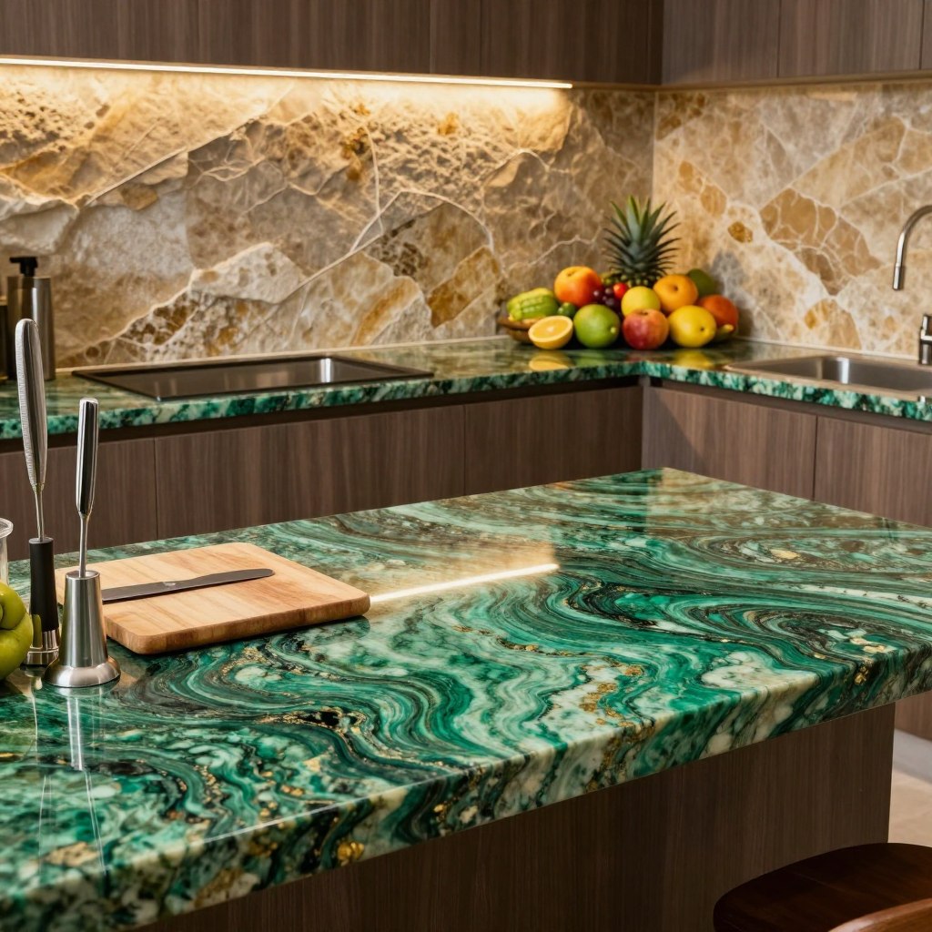 A luxurious kitchen scene featuring a stunning tropical green granite countertop that showcases rich, swirling hues of deep greens and subtle gold flecks. The countertop is complemented by a natural stone accent backsplash, which consists of textured, earthy tones of beige and soft browns, creating a harmonious contrast. In the foreground, elegant kitchen accessories, such as a sleek cutting board and high-end kitchen tools, add to the decor. The middle ground captures the counters adorned with fresh tropical fruits, enhancing the vibrant nature of the design. Soft, warm lighting illuminates the space, casting gentle shadows and creating an inviting atmosphere. The angle is slightly elevated, showcasing both the countertop and backsplash in a beautifully cohesive kitchen environment. The overall mood is modern, tropical elegance, with a focus on the luxurious materials and their natural beauty. A luxurious kitchen scene featuring a stunning tropical green granite countertop that showcases rich, swirling hues of deep greens and subtle gold flecks. The countertop is complemented by a natural stone accent backsplash, which consists of textured, earthy tones of beige and soft browns, creating a harmonious contrast. In the foreground, elegant kitchen accessories, such as a sleek cutting board and high-end kitchen tools, add to the decor. The middle ground captures the counters adorned with fresh tropical fruits, enhancing the vibrant nature of the design. Soft, warm lighting illuminates the space, casting gentle shadows and creating an inviting atmosphere. The angle is slightly elevated, showcasing both the countertop and backsplash in a beautifully cohesive kitchen environment. The overall mood is modern, tropical elegance, with a focus on the luxurious materials and their natural beauty.