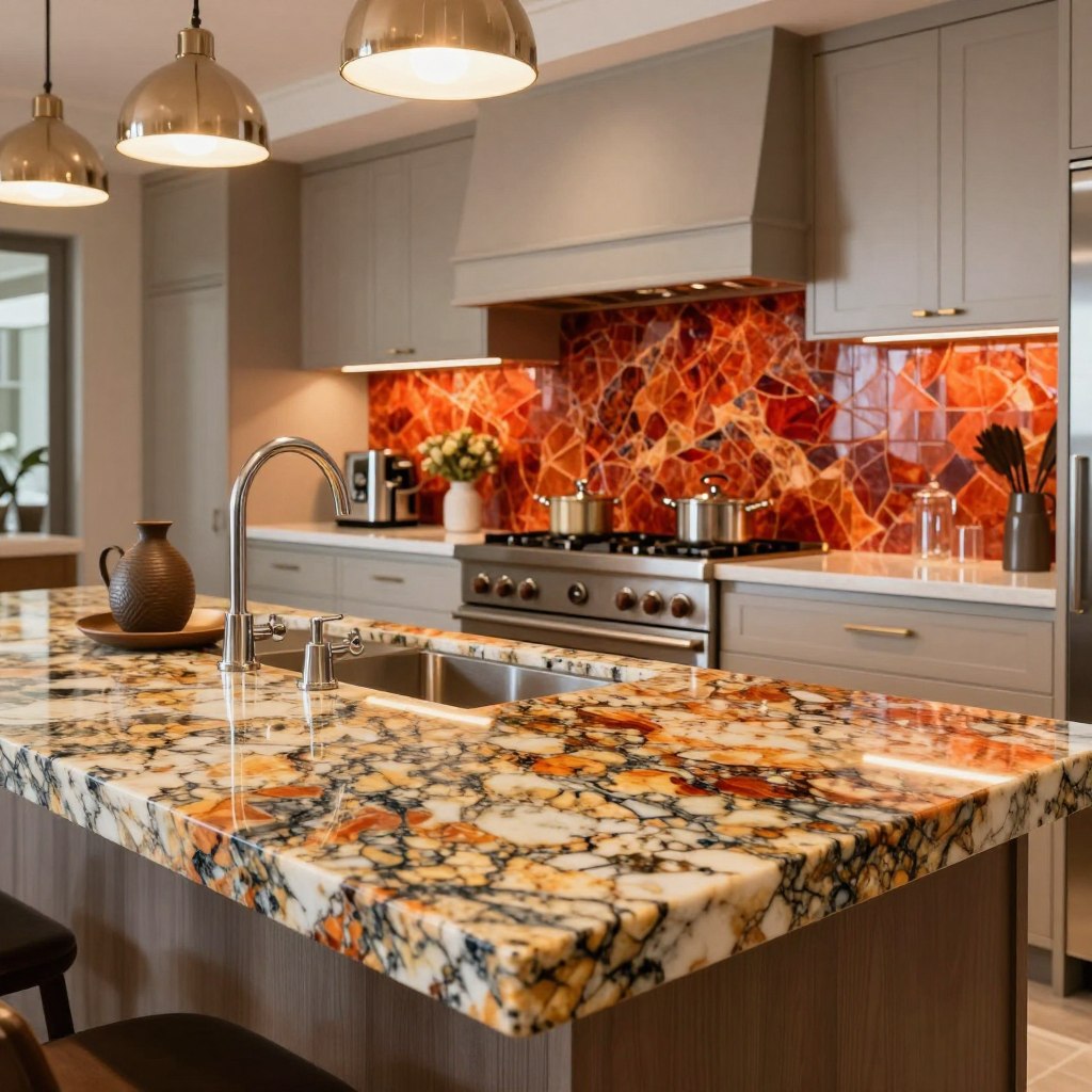 A luxurious kitchen scene showcasing a stunning granite countertop with intricate patterns and a vibrant bold backsplash. In the foreground, highlight the rich textures of the granite, with close-up details of the stone's natural brilliance, complemented by stylish, sustainable kitchenware. In the middle, a sleek island is adorned with modern, chrome fixtures and elegant lighting that casts soft, inviting shadows. The background features tastefully arranged cabinetry, emphasizing elegance and sophistication. The lighting is warm and bright, creating an inviting atmosphere. The angle should capture a wide view of the kitchen, showcasing the harmony between the countertop and backsplash, conveying a sense of luxury and high-end design. The image should evoke feelings of aspiration and inspiration for homeowners looking to enhance their kitchen spaces. A luxurious kitchen scene showcasing a stunning granite countertop with intricate patterns and a vibrant bold backsplash. In the foreground, highlight the rich textures of the granite, with close-up details of the stone's natural brilliance, complemented by stylish, sustainable kitchenware. In the middle, a sleek island is adorned with modern, chrome fixtures and elegant lighting that casts soft, inviting shadows. The background features tastefully arranged cabinetry, emphasizing elegance and sophistication. The lighting is warm and bright, creating an inviting atmosphere. The angle should capture a wide view of the kitchen, showcasing the harmony between the countertop and backsplash, conveying a sense of luxury and high-end design. The image should evoke feelings of aspiration and inspiration for homeowners looking to enhance their kitchen spaces.