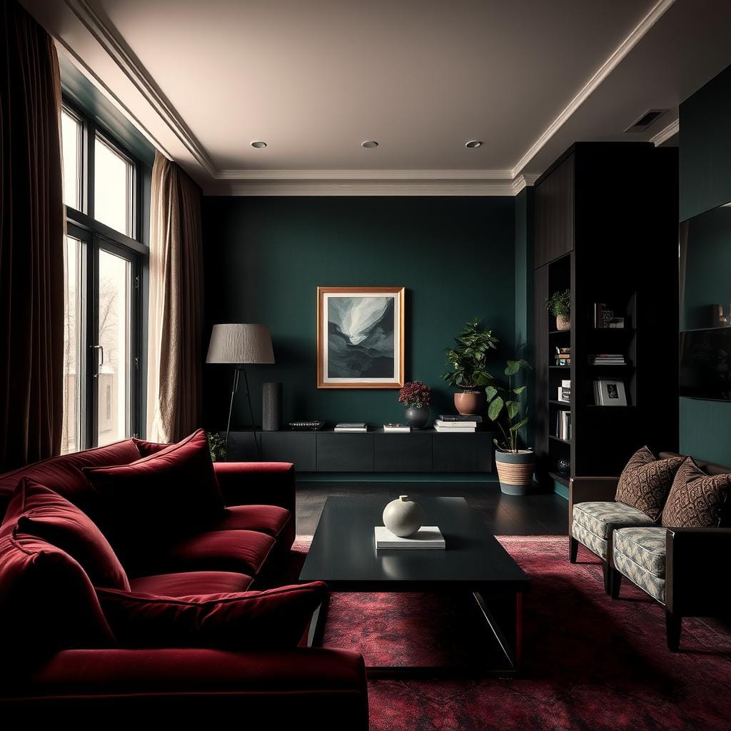 A luxurious living room designed in a moody color scheme featuring rich, dark palettes. In the foreground, a plush, deep burgundy sofa adorned with velvet cushions. Adjacent to it, a sleek, dark wood coffee table displaying a minimalist decorative piece. The middle ground reveals a deep forest green accent wall adorned with art framed in gold, and a stylish, low-profile bookshelf filled with books and plants. The background showcases a large window dressed with heavy, textured curtains, allowing a soft, dramatic evening light to filter in, creating shadows. The atmosphere is intimate and inviting, evoking a sense of warmth. The perspective captures a cozy corner of the room, focusing on the interplay of color and texture, emphasizing elegance and sophistication without any human presence.