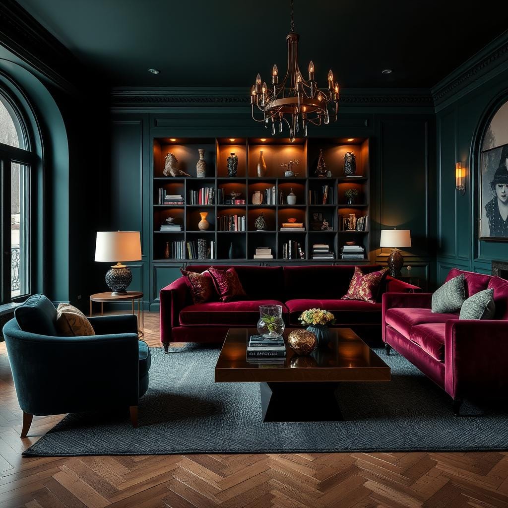 A luxurious living room featuring deep-toned statement furniture, such as a rich burgundy velvet sofa with gold accents and a large, dark wood coffee table. In the foreground, include an elegant armchair upholstered in navy blue beside the sofa, complemented by a textured, dark gray area rug. The middle ground showcases a stylish bookshelf filled with books and decorative vases, while the background features soft, ambient lighting casting warm shadows from a modern chandelier. The walls are painted in a deep emerald green, enhancing the moody atmosphere. Use a wide-angle lens to capture the full depth of the space, emphasizing the luxurious textures and colors. The overall mood is dramatic and inviting, perfect for a sophisticated yet cozy setting.