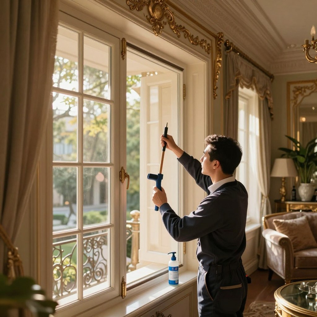 A luxurious living space showcasing an elegant window maintenance and preservation scene. In the foreground, a professional maintenance technician dressed in smart business attire carefully inspects an ornate window, using high-quality tools and products. The middle layer features beautifully crafted window frames adorned with intricate moldings, sparkling clean glass reflecting soft, natural sunlight. The background reveals a tastefully decorated interior with sophisticated décor, plush furnishings, and greenery, enhancing the luxurious atmosphere. The scene is illuminated by warm, golden light streaming through the windows, creating a serene and inviting ambiance. The perspective is a slightly elevated angle, emphasizing both the intricate details of the window and the overall elegance of the living space. The mood is polished and tranquil, highlighting the importance of care in maintaining luxury decor. A luxurious living space showcasing an elegant window maintenance and preservation scene. In the foreground, a professional maintenance technician dressed in smart business attire carefully inspects an ornate window, using high-quality tools and products. The middle layer features beautifully crafted window frames adorned with intricate moldings, sparkling clean glass reflecting soft, natural sunlight. The background reveals a tastefully decorated interior with sophisticated décor, plush furnishings, and greenery, enhancing the luxurious atmosphere. The scene is illuminated by warm, golden light streaming through the windows, creating a serene and inviting ambiance. The perspective is a slightly elevated angle, emphasizing both the intricate details of the window and the overall elegance of the living space. The mood is polished and tranquil, highlighting the importance of care in maintaining luxury decor.