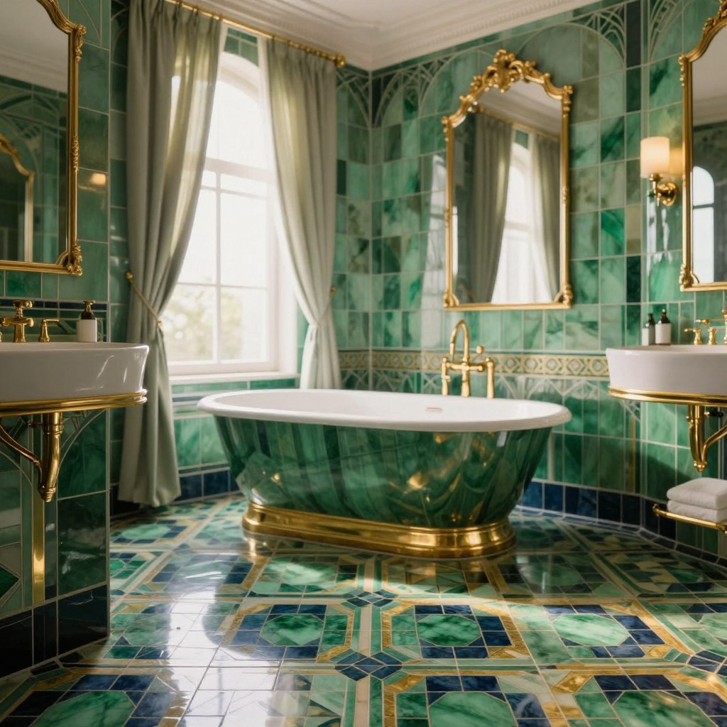 A luxurious master bathroom featuring stunning art deco geometric tiles in a rich palette of emerald green, gold, and deep navy. The foreground showcases intricate tile patterns laid meticulously on the floor and walls, with exclusive bathroom finishes such as a sleek, golden-finished faucet and an elegantly framed mirror. In the middle ground, a freestanding, sculptural bathtub with a gold-accented design is surrounded by soft, ambient lighting casting gentle reflections on the tiles. The background reveals a large window with sheer, flowing drapes, allowing natural light to flood the space and enhance the glamour. The atmosphere is serene and sophisticated, evoking a sense of timeless elegance, perfect for a luxurious retreat. Use a soft-focus lens to create a dreamy ambiance. A luxurious master bathroom featuring stunning art deco geometric tiles in a rich palette of emerald green, gold, and deep navy. The foreground showcases intricate tile patterns laid meticulously on the floor and walls, with exclusive bathroom finishes such as a sleek, golden-finished faucet and an elegantly framed mirror. In the middle ground, a freestanding, sculptural bathtub with a gold-accented design is surrounded by soft, ambient lighting casting gentle reflections on the tiles. The background reveals a large window with sheer, flowing drapes, allowing natural light to flood the space and enhance the glamour. The atmosphere is serene and sophisticated, evoking a sense of timeless elegance, perfect for a luxurious retreat. Use a soft-focus lens to create a dreamy ambiance.