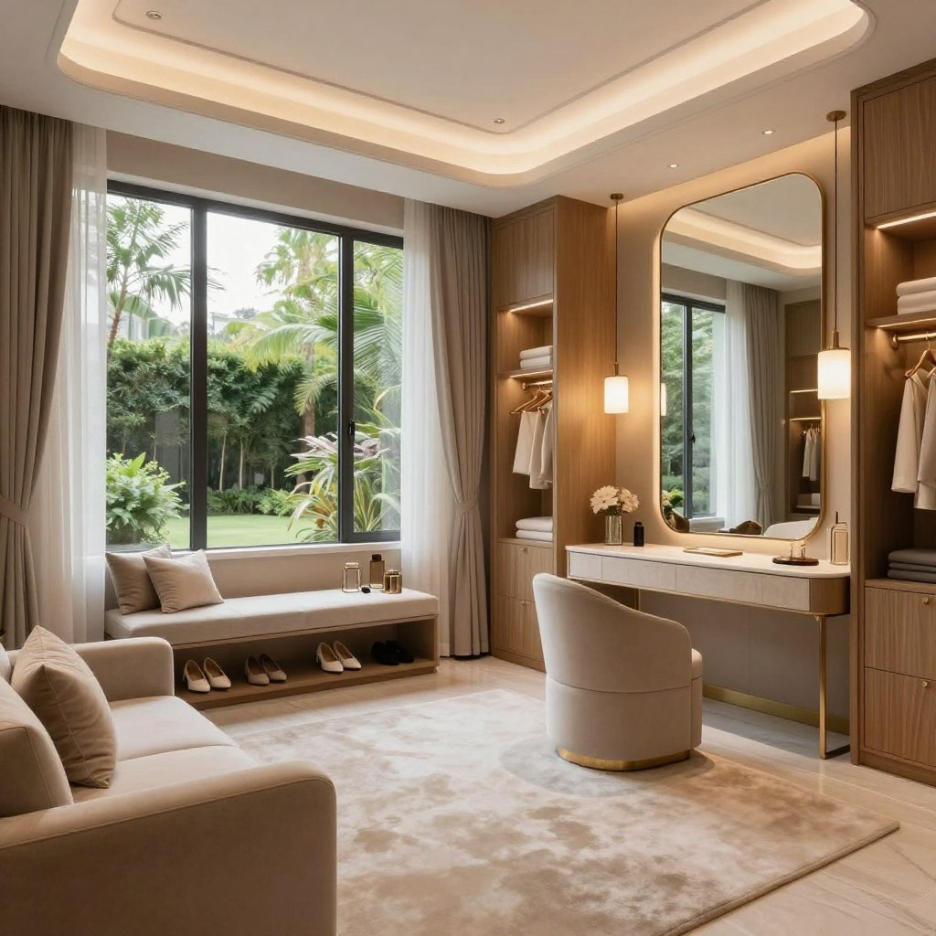 A luxurious modern dressing room designed as a personal sanctuary, featuring elegant wooden cabinetry and plush seating in soft, neutral tones. In the foreground, display a large, stylish mirror reflecting warm pendant lighting, enhancing the inviting atmosphere. The middle ground includes a sophisticated dressing table adorned with tasteful accessories and a neatly organized shoe display. In the background, floor-to-ceiling windows pour natural light into the space, revealing lush greenery outside. The overall mood is serene and aspirational, capturing the essence of a tranquil retreat. The scene is shot from a slightly elevated angle to emphasize the spaciousness and design harmony. No human subjects are depicted, ensuring a focus on the stunning decor. A luxurious modern dressing room designed as a personal sanctuary, featuring elegant wooden cabinetry and plush seating in soft, neutral tones. In the foreground, display a large, stylish mirror reflecting warm pendant lighting, enhancing the inviting atmosphere. The middle ground includes a sophisticated dressing table adorned with tasteful accessories and a neatly organized shoe display. In the background, floor-to-ceiling windows pour natural light into the space, revealing lush greenery outside. The overall mood is serene and aspirational, capturing the essence of a tranquil retreat. The scene is shot from a slightly elevated angle to emphasize the spaciousness and design harmony. No human subjects are depicted, ensuring a focus on the stunning decor.