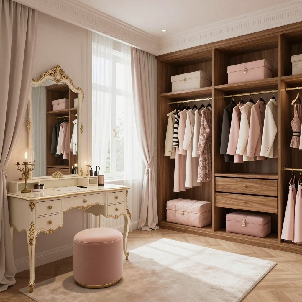 A luxurious personalized dressing room showcasing custom details. In the foreground, an elegantly designed antique vanity with ornate accents, surrounded by lush, tailored drapery. The middle features an expansive walk-in closet with rich wooden shelves filled with high-end fashion items, organized by color and style, and a plush ottoman in a complementary hue. The background introduces large windows draped in sheer fabrics, allowing soft, natural light to illuminate the space. A grand mirror reflects the exquisite room, enhancing the sense of luxury. The atmosphere is serene and inviting, evoking a personal retreat designed for relaxation and style, with warm lighting and a harmonious color palette of soft whites and pastels. A luxurious personalized dressing room showcasing custom details. In the foreground, an elegantly designed antique vanity with ornate accents, surrounded by lush, tailored drapery. The middle features an expansive walk-in closet with rich wooden shelves filled with high-end fashion items, organized by color and style, and a plush ottoman in a complementary hue. The background introduces large windows draped in sheer fabrics, allowing soft, natural light to illuminate the space. A grand mirror reflects the exquisite room, enhancing the sense of luxury. The atmosphere is serene and inviting, evoking a personal retreat designed for relaxation and style, with warm lighting and a harmonious color palette of soft whites and pastels.
