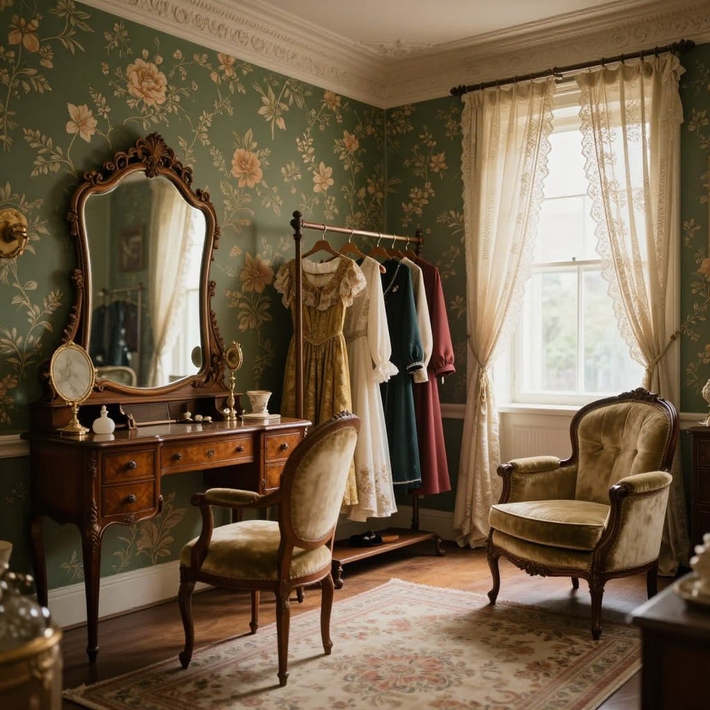 A luxurious vintage revival dressing room interior, featuring elegant antique furniture, such as a grand wooden vanity with a large ornate mirror and a plush velvet armchair. Soft, warm lighting creates a cozy atmosphere, illuminating delicate details like floral wallpaper and vintage accessories. In the middle ground, a stylish wooden clothing rack displays elegant garments in rich fabrics, complemented by a plush area rug. The background showcases high ceilings with intricate moldings and a large window draped with elegant lace curtains, allowing soft natural light to filter in. The scene captures a timeless elegance, embodying a rich color palette of deep greens, golds, and creams, inviting a sense of nostalgia and sophistication. The focus is sharp, with a shallow depth of field emphasizing the luxurious details.
