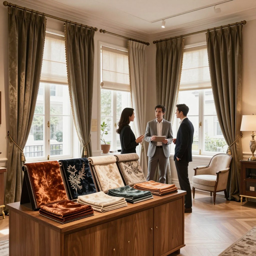 A luxurious window treatments showroom, showcasing a variety of premium curtains and blinds. In the foreground, a stylish wooden display featuring elegant drapery samples in rich fabrics like silk and velvet, harmoniously arranged. In the middle ground, a well-dressed interior designer discussing options with a couple, all in professional attire, exuding a sophisticated atmosphere. The background reveals large windows with natural light streaming in, highlighting the textures of the materials and creating a warm, inviting ambiance. The scene is captured with a wide-angle lens to emphasize the spaciousness, and soft, diffused lighting enhances the luxurious feel of the showroom. The overall mood conveys elegance, comfort, and the allure of high-end decorating choices. A luxurious window treatments showroom, showcasing a variety of premium curtains and blinds. In the foreground, a stylish wooden display featuring elegant drapery samples in rich fabrics like silk and velvet, harmoniously arranged. In the middle ground, a well-dressed interior designer discussing options with a couple, all in professional attire, exuding a sophisticated atmosphere. The background reveals large windows with natural light streaming in, highlighting the textures of the materials and creating a warm, inviting ambiance. The scene is captured with a wide-angle lens to emphasize the spaciousness, and soft, diffused lighting enhances the luxurious feel of the showroom. The overall mood conveys elegance, comfort, and the allure of high-end decorating choices.
