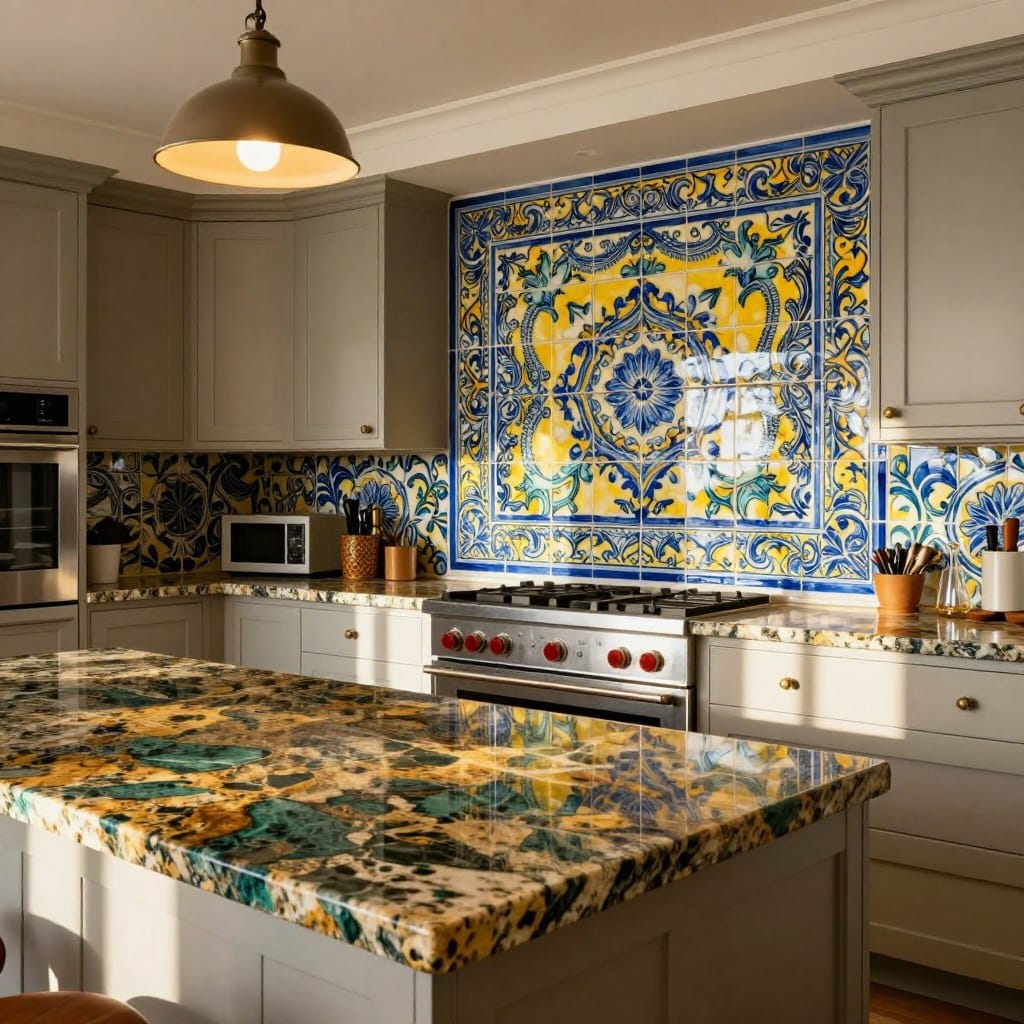 A luxuriously designed kitchen featuring Uba Tuba granite countertops with rich, dark green and gold flecks, seamlessly integrated with an elegant hand-painted ceramic tile backsplash showcasing intricate patterns in vibrant blues and yellows. In the foreground, a sleek granite island invites a sophisticated ambiance, while the polished surface reflects warm, natural light coming from an overhead pendant fixture. The midground focuses on the ornate tile backsplash, its detailed craftsmanship contrasting beautifully with the smooth granite. In the background, stylish cabinetry and modern appliances complete the upscale kitchen aesthetic. The composition is captured from a slightly elevated angle, creating depth and a welcoming atmosphere that embodies the essence of contemporary luxury.