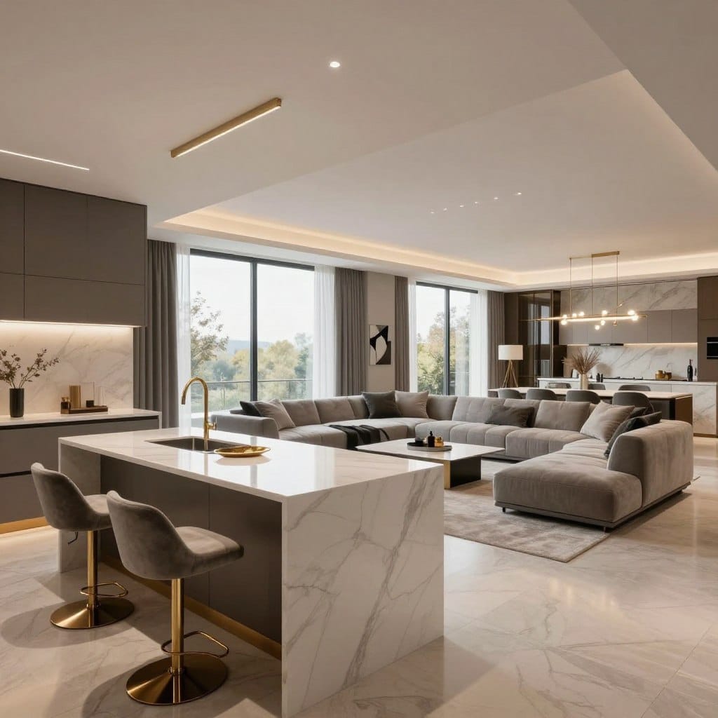 A luxury open concept kitchen and living room, showcasing modern design innovations for 2026. In the foreground, a sleek kitchen island with a polished white countertop, featuring gold accents and trendy bar stools. The middle section displays an elegant living area with a plush, oversized sectional sofa in soft gray, complemented by a minimalist coffee table and tasteful decor. Large floor-to-ceiling windows flood the space with natural light, enhancing the warm, inviting atmosphere. The backdrop reveals a sophisticated dining space with a modern chandelier hanging above. Soft ambient lighting creates a cozy mood, while a wide-angle perspective captures the spaciousness of the layout. The overall feel is one of contemporary elegance, perfect for stylish gatherings.