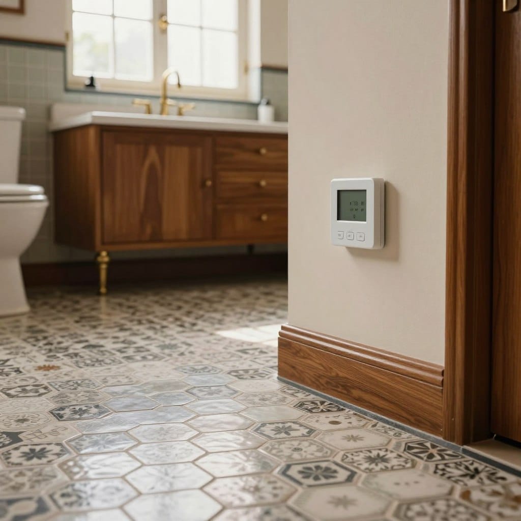 A mid-century bathroom featuring elegant heated flooring beneath classic tile patterns. In the foreground, glossy, hexagonal porcelain tiles with a subtle retro motif, contrasting with warm wood accents. The middle of the scene showcases a sleek, modern thermostat control for the heated floor, seamlessly integrated into a vintage-inspired wall. The background reveals a beautifully lit window allowing natural light to cascade in, highlighting a retro sink and wooden cabinetry, adorned with brass fixtures. The mood is serene and inviting, combining nostalgic design elements with contemporary technology. Soft overhead lighting casts gentle shadows, enhancing the texture of the tiles and the warmth of the wood. The angle captures both the luxurious flooring and the overall harmonious design of the space, creating a perfect blend of retro and modern aesthetics.