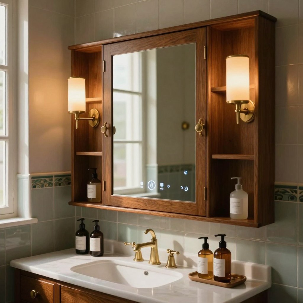 A mid-century bathroom showcasing a smart mirror seamlessly integrated with a vintage medicine cabinet. The mirror features touch controls and a digital display, reflecting soft ambient lighting from warm sconces on the walls. The cabinetry has a classic wooden finish, with brass hardware that complements the modern technology. In the foreground, a stylish countertop displays elegant toiletries, enhancing the blend of retro and contemporary styles. The background features retro tiles in muted colors, creating a harmonious atmosphere of nostalgia and innovation. The scene is illuminated with natural light streaming through a nearby window, casting gentle shadows. The mood is cozy and sophisticated, inviting viewers to envision a stylish yet functional space. A mid-century bathroom showcasing a smart mirror seamlessly integrated with a vintage medicine cabinet. The mirror features touch controls and a digital display, reflecting soft ambient lighting from warm sconces on the walls. The cabinetry has a classic wooden finish, with brass hardware that complements the modern technology. In the foreground, a stylish countertop displays elegant toiletries, enhancing the blend of retro and contemporary styles. The background features retro tiles in muted colors, creating a harmonious atmosphere of nostalgia and innovation. The scene is illuminated with natural light streaming through a nearby window, casting gentle shadows. The mood is cozy and sophisticated, inviting viewers to envision a stylish yet functional space.