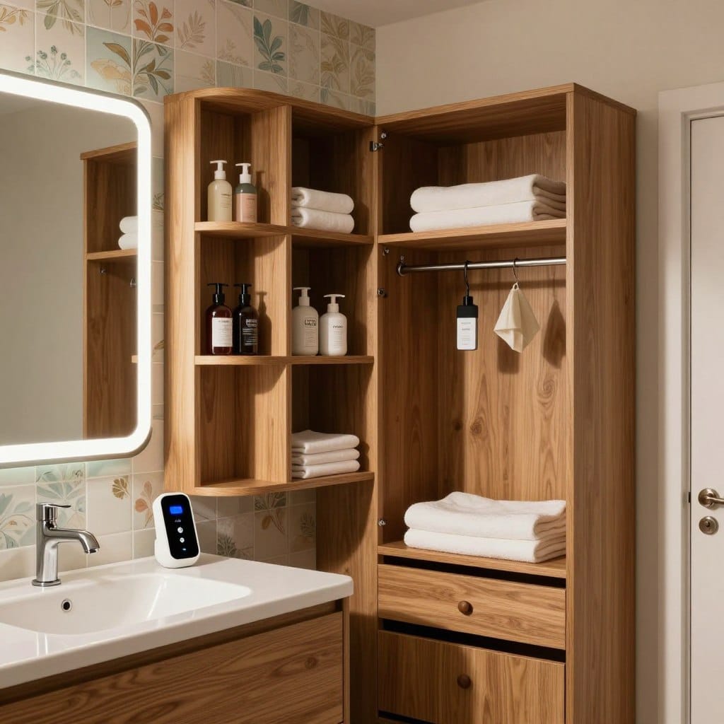 A mid-century bathroom with sleek smart storage solutions, showcasing elegant wooden cabinets and minimalist shelving. The foreground features a vintage-inspired vanity with integrated smart features, like an LED mirror and hidden charging ports. The middle ground presents a roomy linen closet with organized compartments, revealing neatly stored towels and toiletries. The background highlights retro-style tiles and pastel colors, complemented by modern tech accents. Soft, warm lighting creates an inviting atmosphere, casting gentle shadows that emphasize the textures of wood and ceramics. The angle captures the entire room vibrantly, enhancing the harmony between retro aesthetics and contemporary smart organization. A serene and functional ambiance is portrayed, perfect for blending vintage charm with modern efficiency.