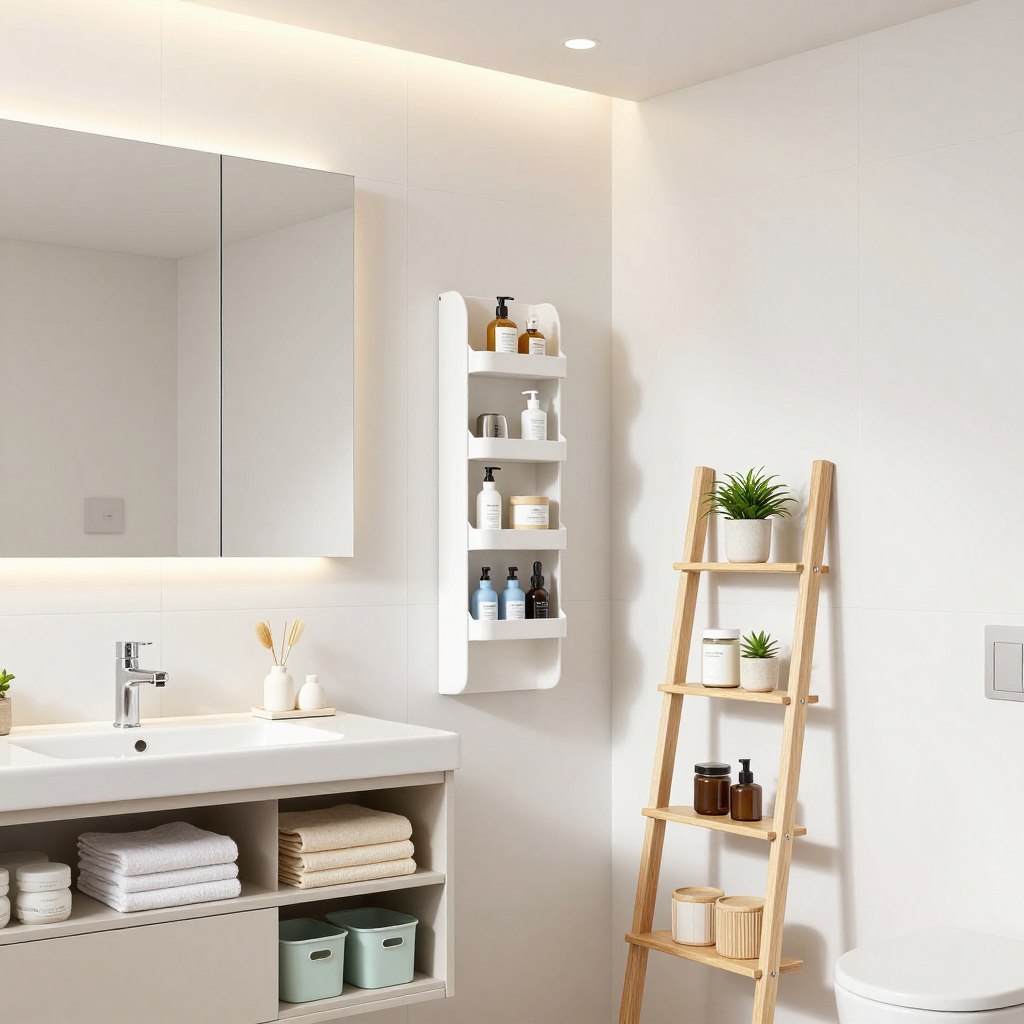 A modern bathroom featuring innovative space-saving storage solutions. In the foreground, sleek cabinetry with neatly organized shelves displays folded towels and small storage bins in pastel colors. In the middle, a stylish vertical organizer hangs on the wall, holding toiletries and bathroom essentials, maximizing the use of vertical space. A minimalist ladder shelf in a light wood finish adds natural warmth, adorned with small potted plants and decorative jars. In the background, large mirrors reflect the bright, clean white tile and soft, ambient lighting from recessed ceiling fixtures, creating an open and airy atmosphere. The overall mood is functional yet stylish, perfect for a small space makeover. A modern bathroom featuring innovative space-saving storage solutions. In the foreground, sleek cabinetry with neatly organized shelves displays folded towels and small storage bins in pastel colors. In the middle, a stylish vertical organizer hangs on the wall, holding toiletries and bathroom essentials, maximizing the use of vertical space. A minimalist ladder shelf in a light wood finish adds natural warmth, adorned with small potted plants and decorative jars. In the background, large mirrors reflect the bright, clean white tile and soft, ambient lighting from recessed ceiling fixtures, creating an open and airy atmosphere. The overall mood is functional yet stylish, perfect for a small space makeover.