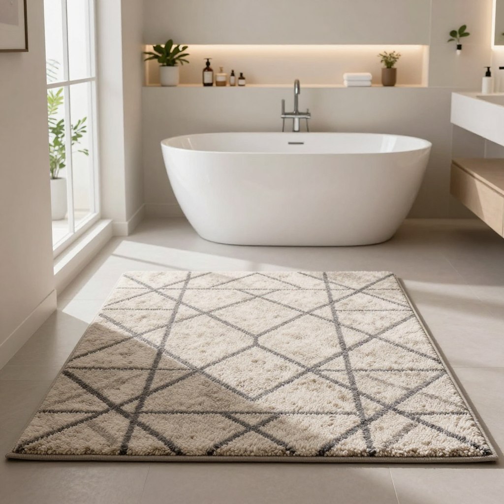 A modern bathroom setting showcasing stylish cut-to-fit rugs. In the foreground, feature a plush, customizable rug in an elegant geometric pattern, elegantly contoured to fit the space. The middle section includes a sleek bathtub and minimalist shelving with neatly arranged bathroom essentials. Soft, ambient lighting enhances the soothing atmosphere, with sunlight streaming through a window, casting gentle shadows. The walls are adorned with light, neutral tones, accented by green plants for a touch of nature. Use a wide-angle lens to capture the entire scene, emphasizing the functionality and aesthetics of the small space. Aim for a tranquil, contemporary mood, perfect for inspiring modern design choices in limited areas. The image should be devoid of any text or overlays. A modern bathroom setting showcasing stylish cut-to-fit rugs. In the foreground, feature a plush, customizable rug in an elegant geometric pattern, elegantly contoured to fit the space. The middle section includes a sleek bathtub and minimalist shelving with neatly arranged bathroom essentials. Soft, ambient lighting enhances the soothing atmosphere, with sunlight streaming through a window, casting gentle shadows. The walls are adorned with light, neutral tones, accented by green plants for a touch of nature. Use a wide-angle lens to capture the entire scene, emphasizing the functionality and aesthetics of the small space. Aim for a tranquil, contemporary mood, perfect for inspiring modern design choices in limited areas. The image should be devoid of any text or overlays.