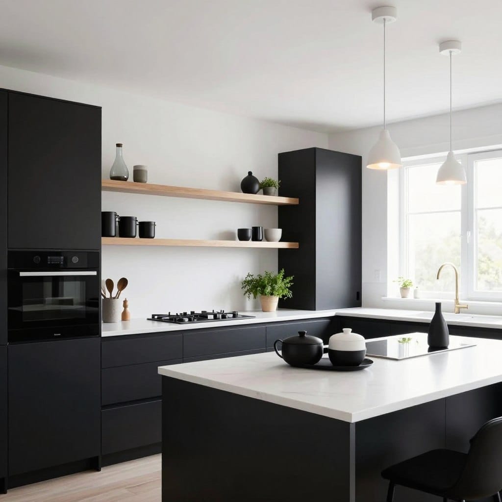 A modern black and white kitchen design, featuring sleek black cabinetry contrasted with white oak accents. In the foreground, a stylish kitchen island adorned with minimalistic black and white kitchenware. The middle ground showcases open shelving displaying decorative items and a few potted herbs, adding a touch of greenery. The walls are painted in crisp white, with light fixtures hanging elegantly above, casting a warm glow throughout the space. The background includes large windows allowing natural light to flood in, enhancing the contrast of the black elements against the bright surroundings. The atmosphere is sophisticated yet inviting, embodying a harmonious balance between modern design and comfort. Ideal perspective from a slightly elevated angle to capture the layout effectively while emphasizing depth and layering of the kitchen elements.