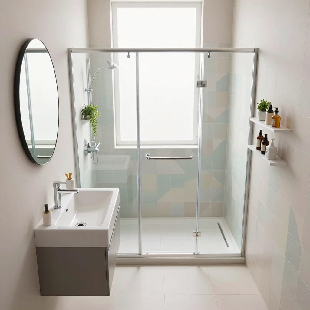 A modern compact bathroom featuring sleek, space-saving fixtures. In the foreground, a stylish wall-mounted sink with a minimalist design, accompanied by a compact, round mirror that reflects light effectively. In the middle, a small but efficient shower stall with elegant glass doors, flanked by geometric tile patterns in soft pastel colors. The background showcases a clever use of vertical space, integrating floating shelves with neatly arranged toiletries and small plants for a touch of greenery. Bright, natural lighting floods the space through a frosted window, enhancing the airy feel. Capture this scene at a slight overhead angle to highlight the thoughtful layout, creating a sophisticated and inviting atmosphere perfect for small spaces.
