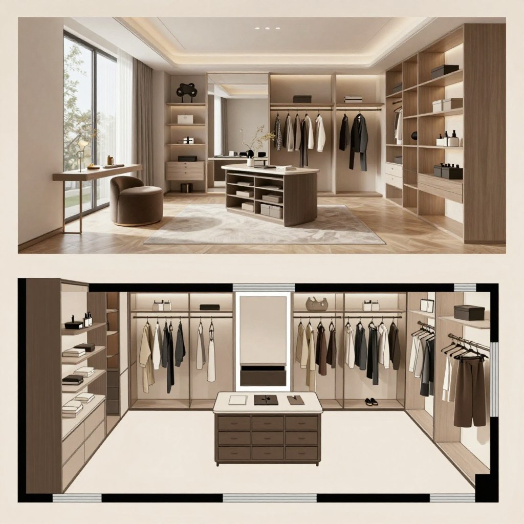 A modern dressing room layout diagram, showcasing an efficient and stylish design. The foreground features a detailed plan view, highlighting essential elements like shelving units, hanging rods, and a central island with storage. The middle layer displays a 3D perspective of the room, emphasizing natural light from large windows and soft, ambient lighting that creates a warm atmosphere. The background includes a serene, muted color palette with neutral tones and chic accents. Include reflections on polished surfaces to enhance luxury appeal. The overall mood should convey sophistication and organization, ideal for inspiring exceptional dressing room design ideas. No text or watermark present. A modern dressing room layout diagram, showcasing an efficient and stylish design. The foreground features a detailed plan view, highlighting essential elements like shelving units, hanging rods, and a central island with storage. The middle layer displays a 3D perspective of the room, emphasizing natural light from large windows and soft, ambient lighting that creates a warm atmosphere. The background includes a serene, muted color palette with neutral tones and chic accents. Include reflections on polished surfaces to enhance luxury appeal. The overall mood should convey sophistication and organization, ideal for inspiring exceptional dressing room design ideas. No text or watermark present.