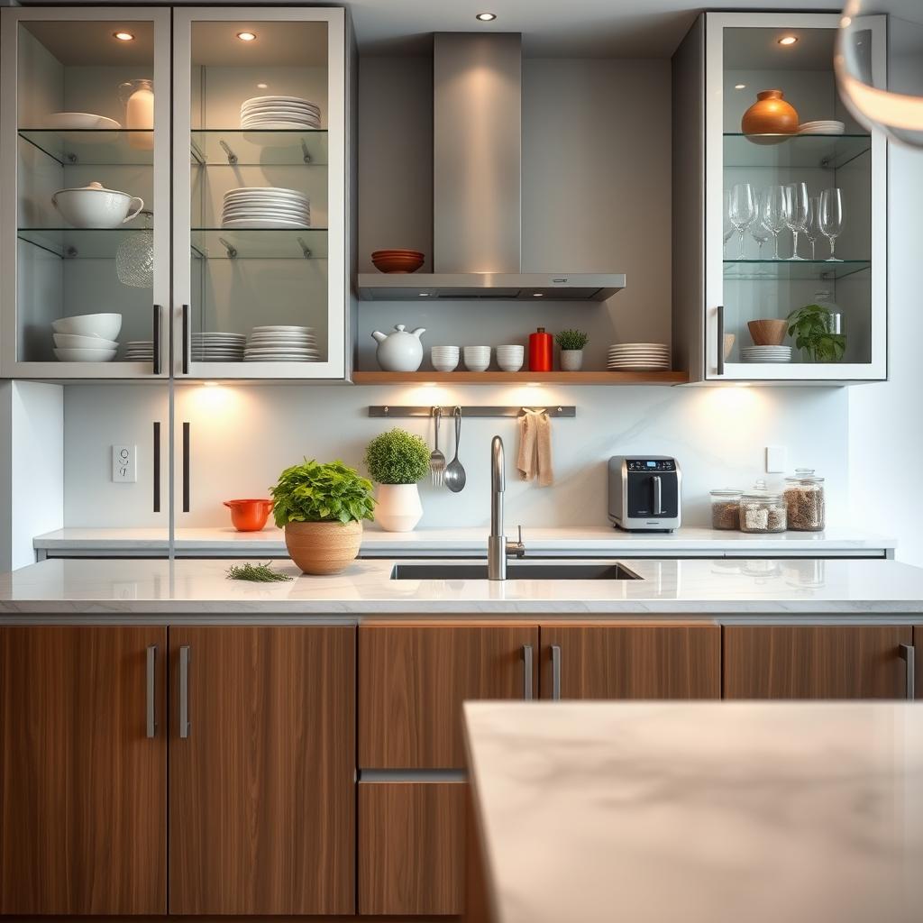A modern glass-front cabinet display showcasing a sleek and stylish kitchen. In the foreground, the cabinet features clean lines and a minimalist design, with transparent glass doors revealing beautifully arranged dishes, glassware, and vibrant kitchen accessories. The middle layer includes a well-organized countertop made of polished white marble, adorned with fresh herbs and modern kitchen appliances. In the background, there are soft, warm lights illuminating the space, enhancing the inviting atmosphere. The mood is bright and airy, emphasizing functionality and elegance. The camera angle is slightly tilted, focusing on the cabinet while capturing the depth of the kitchen space. A modern glass-front cabinet display showcasing a sleek and stylish kitchen. In the foreground, the cabinet features clean lines and a minimalist design, with transparent glass doors revealing beautifully arranged dishes, glassware, and vibrant kitchen accessories. The middle layer includes a well-organized countertop made of polished white marble, adorned with fresh herbs and modern kitchen appliances. In the background, there are soft, warm lights illuminating the space, enhancing the inviting atmosphere. The mood is bright and airy, emphasizing functionality and elegance. The camera angle is slightly tilted, focusing on the cabinet while capturing the depth of the kitchen space.