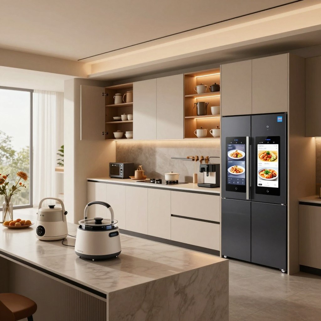 A modern high-tech kitchen featuring sleek smart cabinets with integrated touchscreens and modular storage solutions. In the foreground, showcase a polished countertop with futuristic kitchen gadgets and a smart refrigerator displaying recipes. In the middle, highlight smart cabinets with seamless designs, glowing LED strips, and open compartments filled with organized kitchenware. In the background, an open-plan layout with large windows allowing natural light to illuminate the space. The atmosphere should feel inviting and innovative, with a cozy yet advanced vibe. Use warm lighting to enhance the ambiance, and capture the scene from a slightly elevated angle to provide depth. A modern high-tech kitchen featuring sleek smart cabinets with integrated touchscreens and modular storage solutions. In the foreground, showcase a polished countertop with futuristic kitchen gadgets and a smart refrigerator displaying recipes. In the middle, highlight smart cabinets with seamless designs, glowing LED strips, and open compartments filled with organized kitchenware. In the background, an open-plan layout with large windows allowing natural light to illuminate the space. The atmosphere should feel inviting and innovative, with a cozy yet advanced vibe. Use warm lighting to enhance the ambiance, and capture the scene from a slightly elevated angle to provide depth.