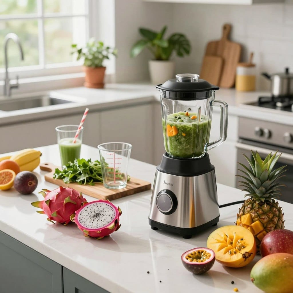 A modern kitchen countertop featuring an array of high-quality smoothie equipment. In the foreground, a sleek, powerful blender with a shiny stainless steel finish sits next to a variety of colorful exotic fruits like dragon fruit, mango, and passion fruit, artfully arranged. In the middle, there are glass measuring cups, a cutting board with fresh greens, and reusable glass straws. The background showcases a bright, airy kitchen with soft natural light filtering through large windows, plants in pots, and stylish kitchen accessories. The atmosphere is fresh and inviting, perfect for summer. The angle is slightly from above, capturing the vibrant colors and textures of the ingredients and equipment, emphasizing the excitement of smoothie making.