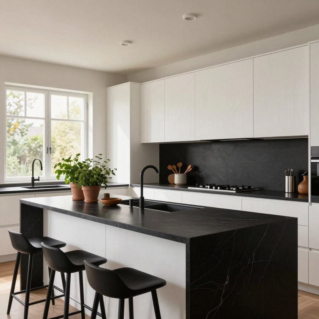 A modern kitchen design featuring a stunning contrast of white oak cabinetry and black accents, showcasing sleek lines and organic textures. In the foreground, a spacious island made of rich black granite, with elegant bar stools. The middle ground features white oak cabinets with minimalist handles, paired with matte black appliances and fixtures. A tasteful arrangement of potted herbs adds a touch of greenery on the counter. The background reveals large windows allowing natural light to stream in, creating a warm and inviting atmosphere. Soft, diffused lighting enhances the textures and colors, while a wide-angle perspective captures the depth of the kitchen. The overall mood is sophisticated yet approachable, reflecting the rising popularity of modern organic aesthetics in home design.