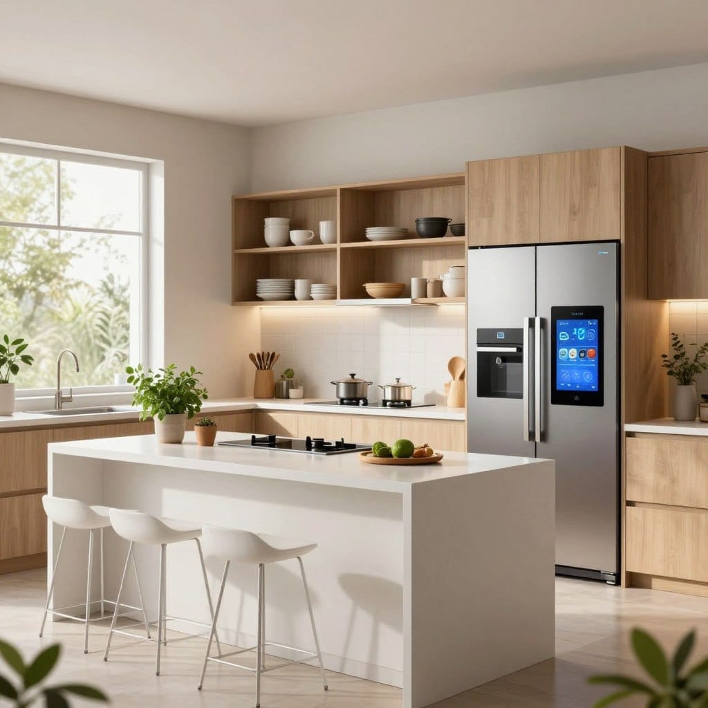 A modern kitchen design planning scene, showcasing innovative ideas for 2026. In the foreground, a spacious kitchen island with sleek, white countertops and minimalist bar stools, surrounded by decor elements like potted herbs and stylish kitchen appliances. The middle ground features a well-organized layout with open shelving displaying elegant dishware and trendy cookware, alongside a futuristic refrigerator with smart technology features. In the background, large windows allow natural light to flood the space, highlighting the light wood cabinetry and contemporary tile backsplash. Soft, warm lighting enhances the inviting atmosphere, while hints of greenery from indoor plants create a fresh, vibrant feel. The overall mood is inspiring and forward-thinking, reflecting the potential of future kitchen trends.